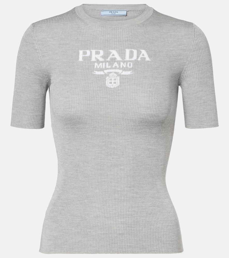 prada logo ribbed-trim silk t-shirt