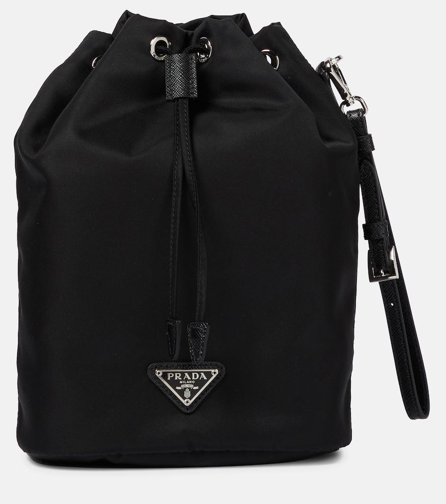 prada re-nylon leather-trimmed bucket bag