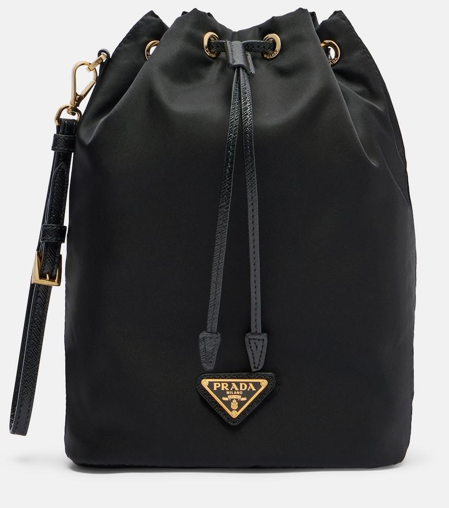 prada re-nylon leather-trimmed bucket bag