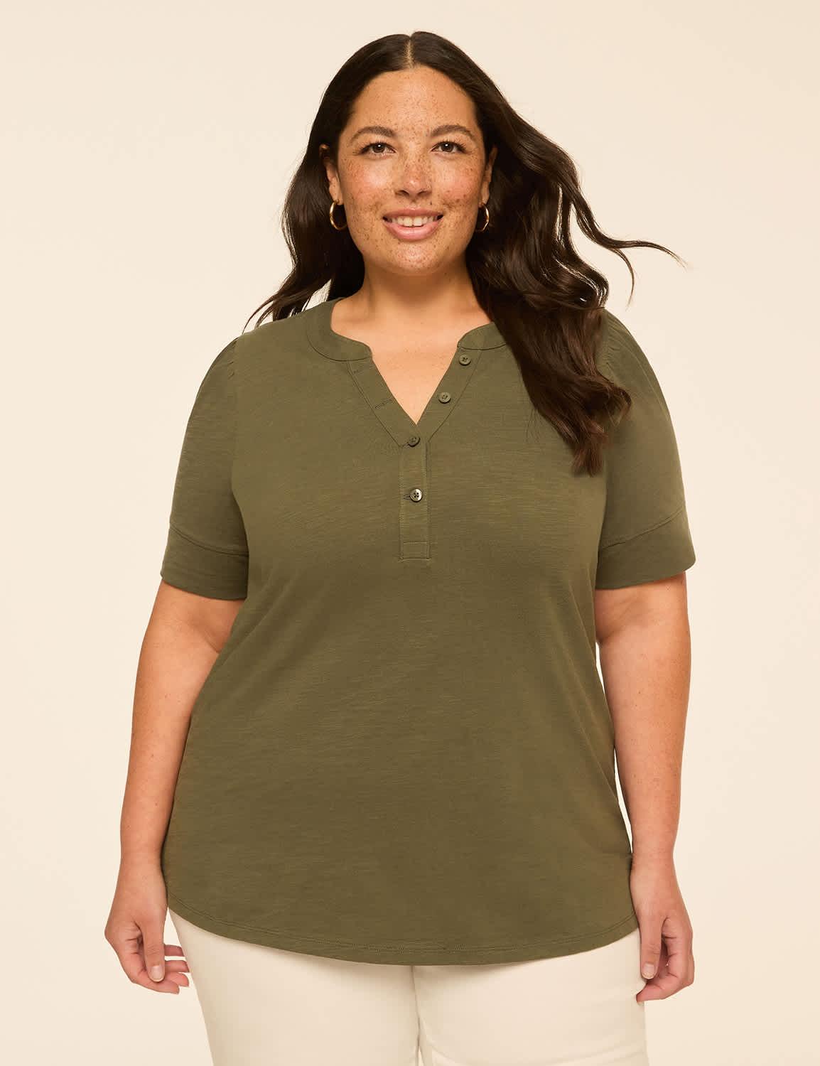 puff-sleeve henley tee