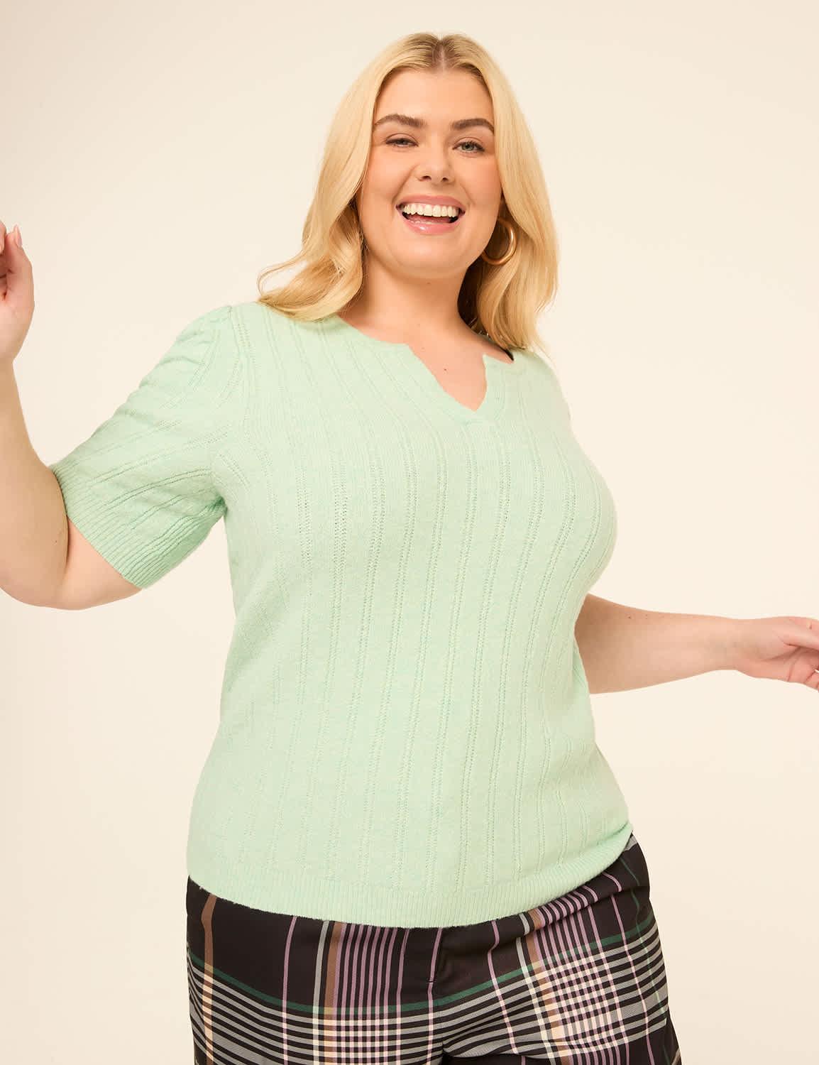 puff-sleeve notch-neck pullover sweater