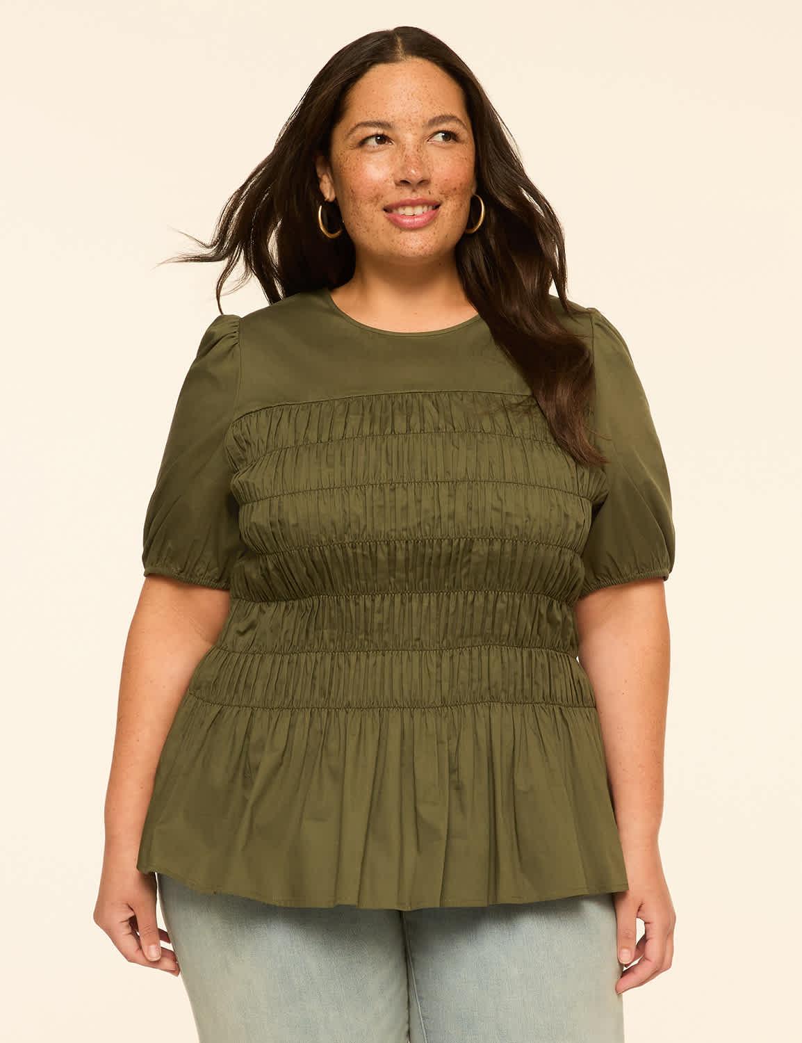puff-sleeve smocked peplum top