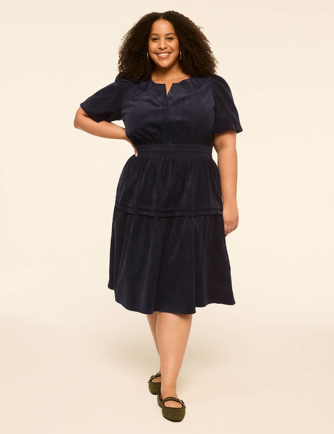 puff-sleeve tiered corduroy dress