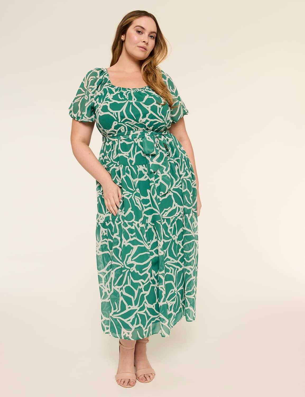 puff sleeve tiered midi dress
