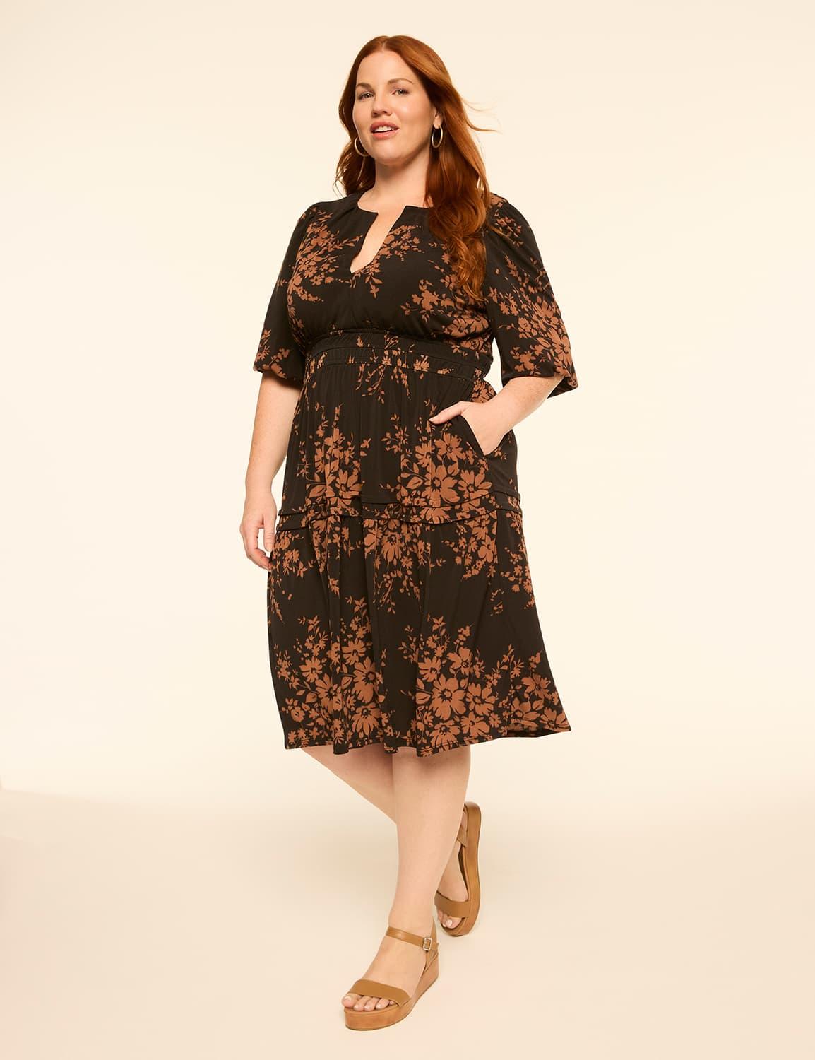 puff-sleeve tiered midi dress