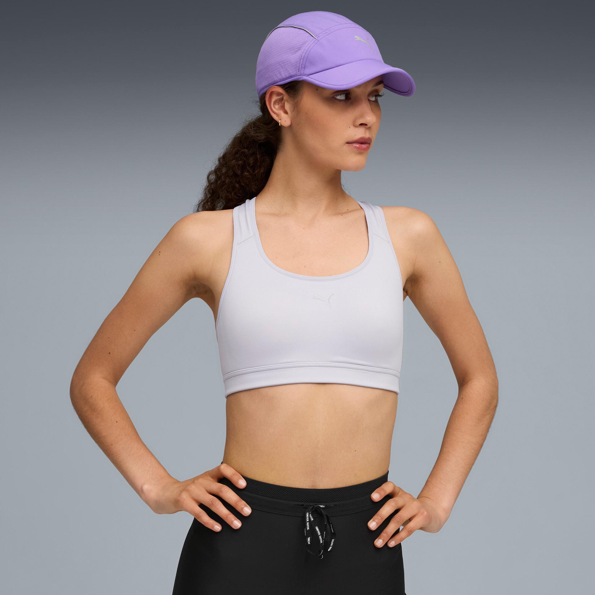 puma 4keeps run women's moisture wicking, mid impact sports bra in purple, size s