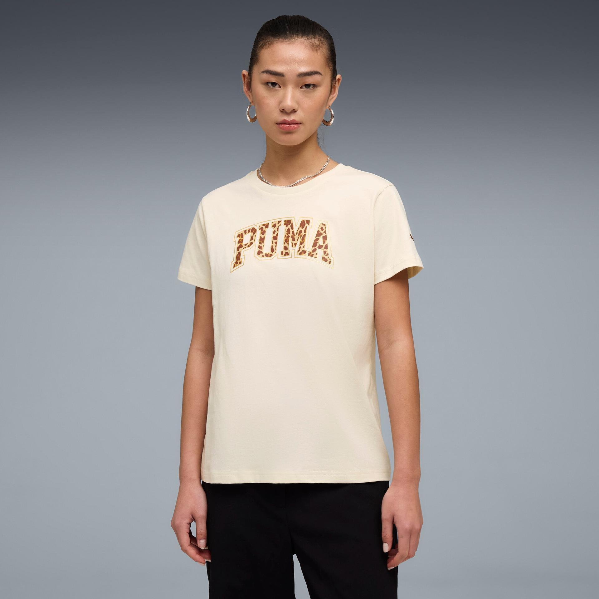 puma animal print women's graphic t-shirt in white, size m