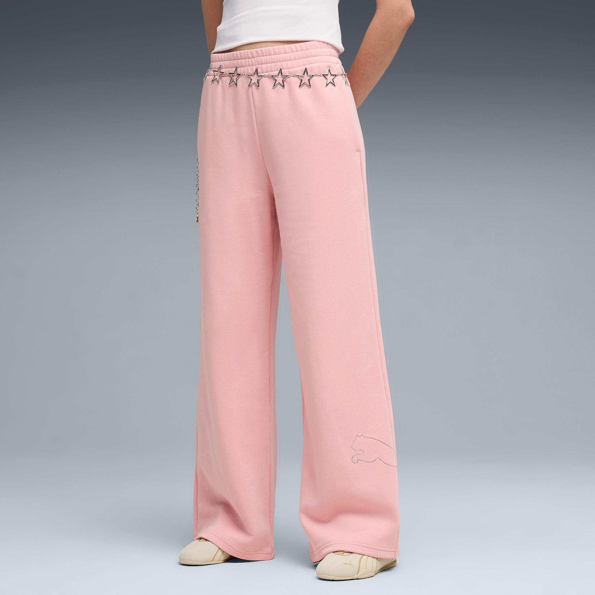 puma bedazzled women's high waist, wide leg pants in pink, size xs