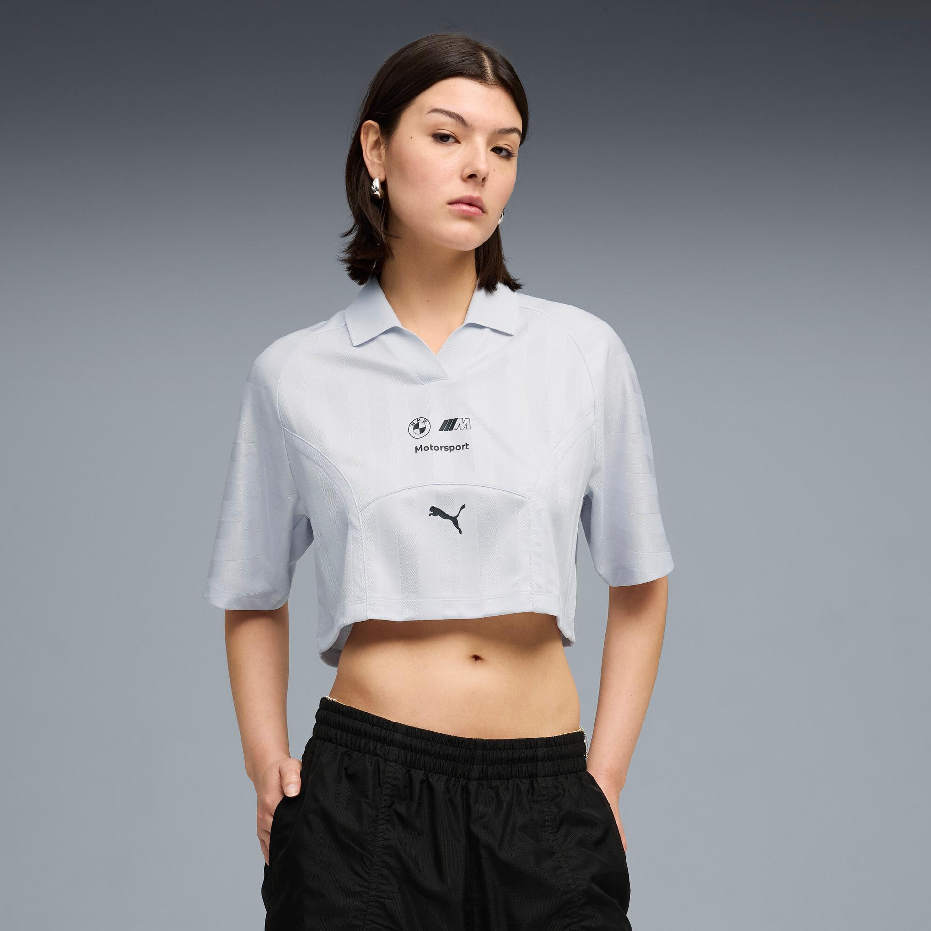 puma bmw m motorsport women's cropped polo shirt in grey, size l