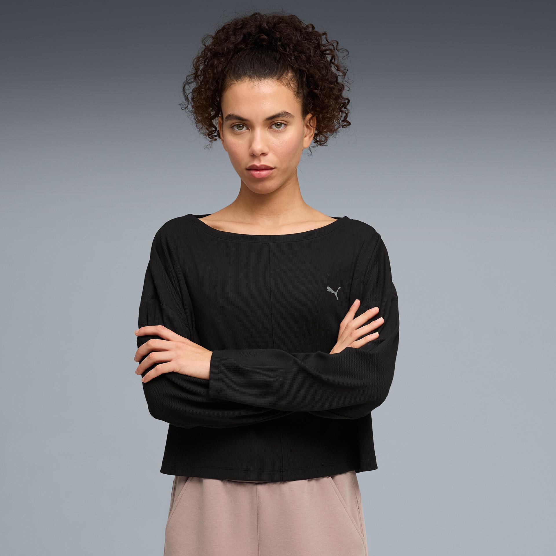 puma cloudspun ultra soft women's ribbed cloud long sleeve t-shirt in black, size m