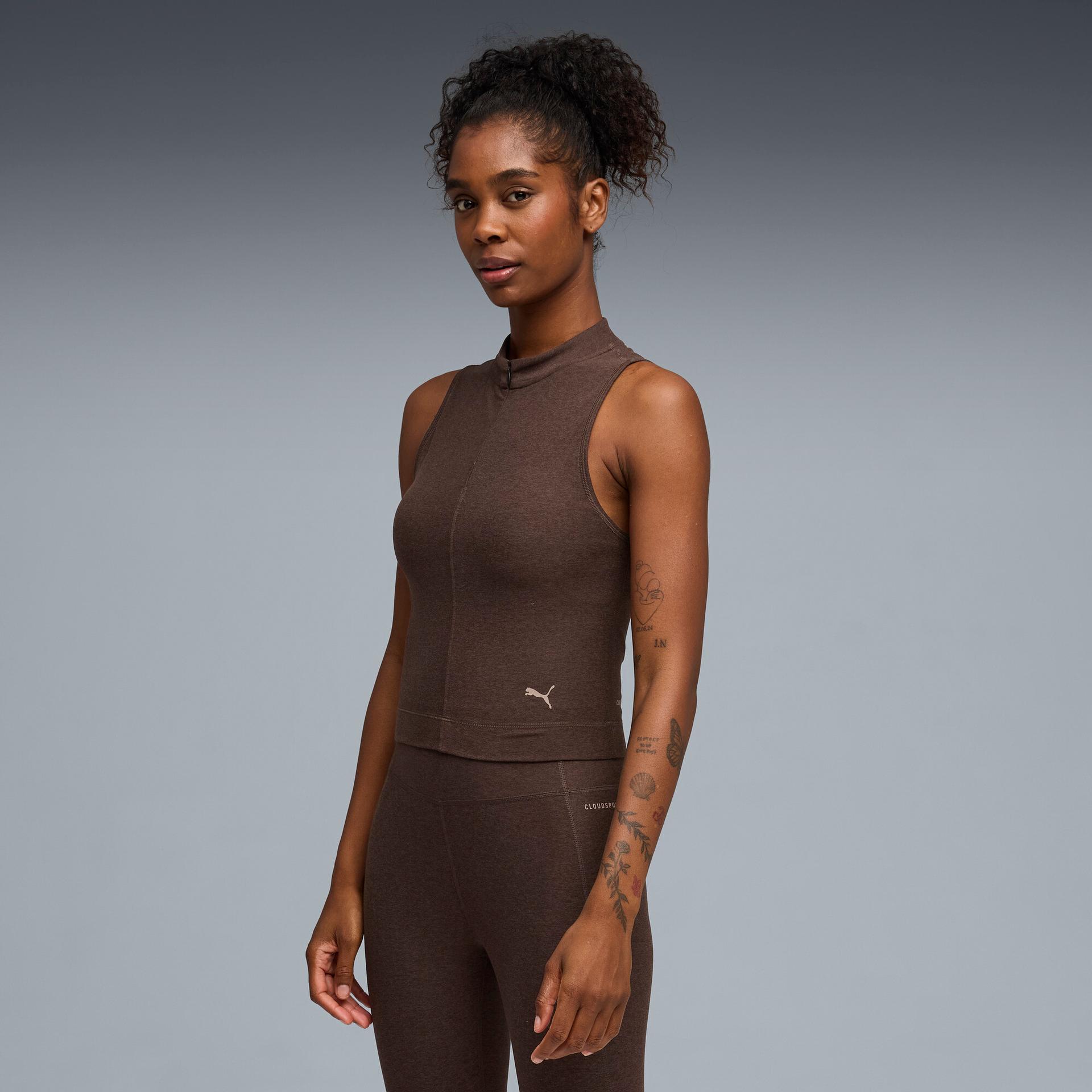 puma cloudspun ultra soft women's zip training tank top in brown, size xl