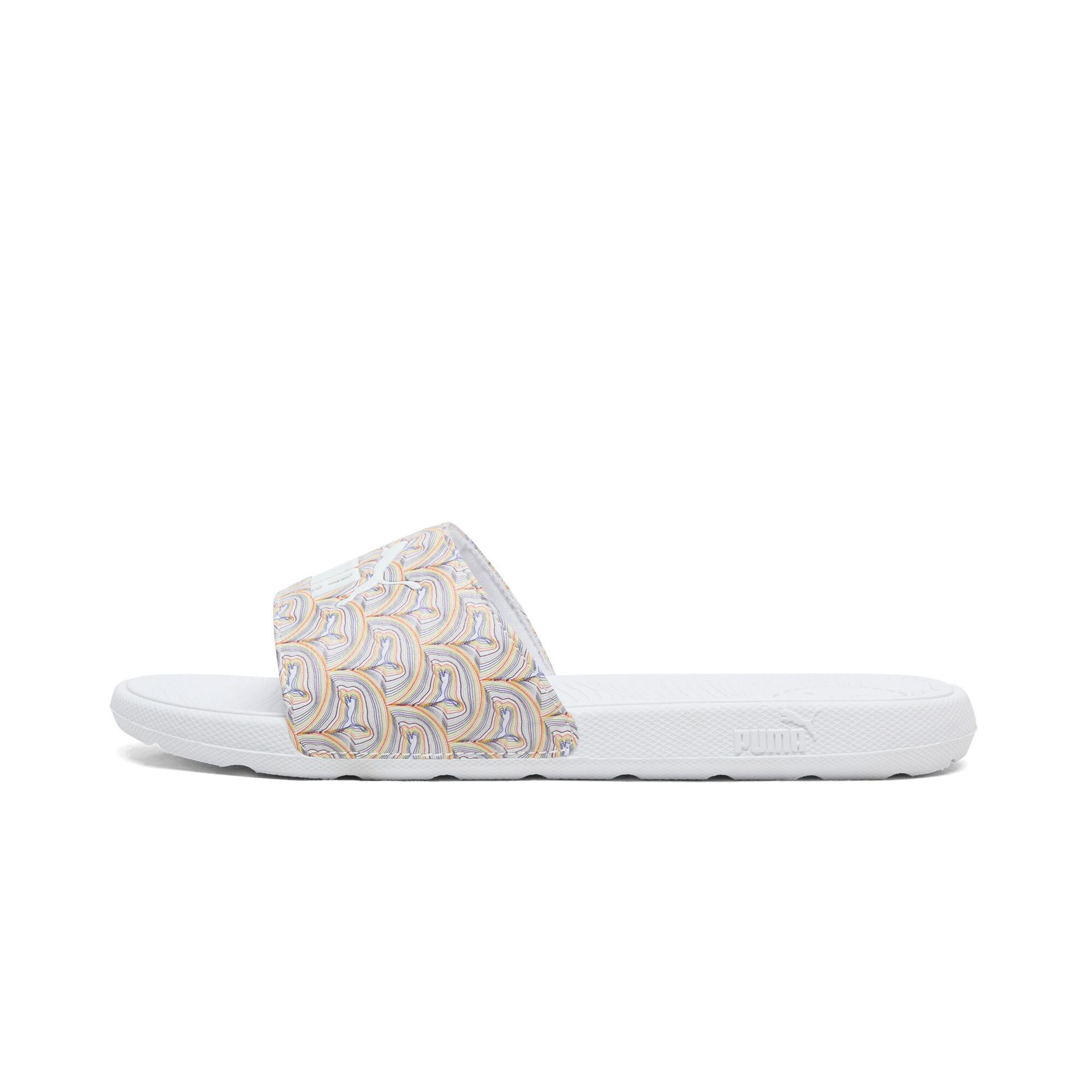 puma cool cat 2.0 pride women's slides in white, size 10