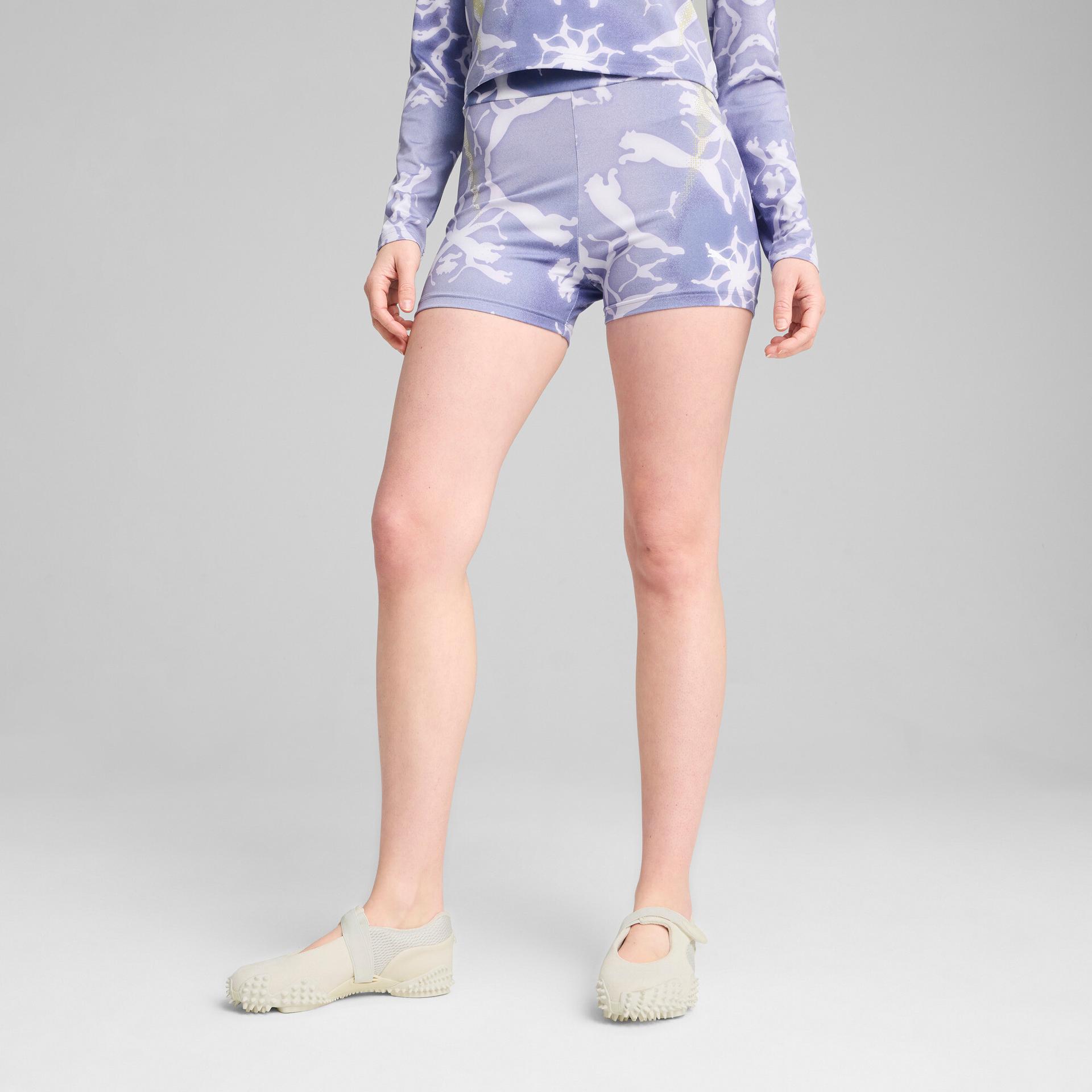 puma dare to women's all-over print 3" tights in blue, size m