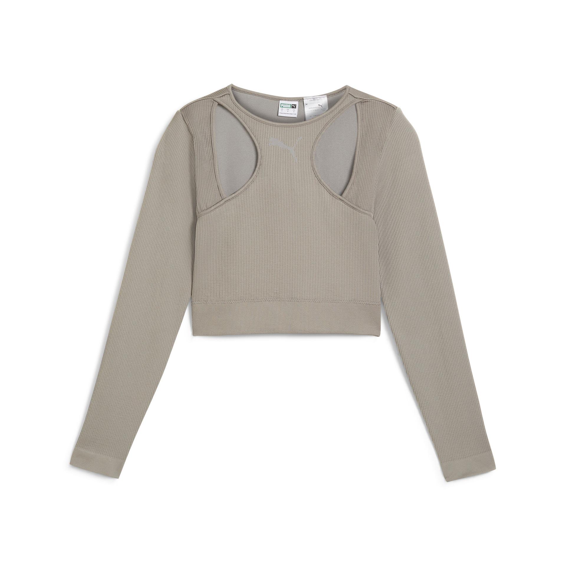 puma dare to women's muted motion long sleeve t-shirt in grey, size xl