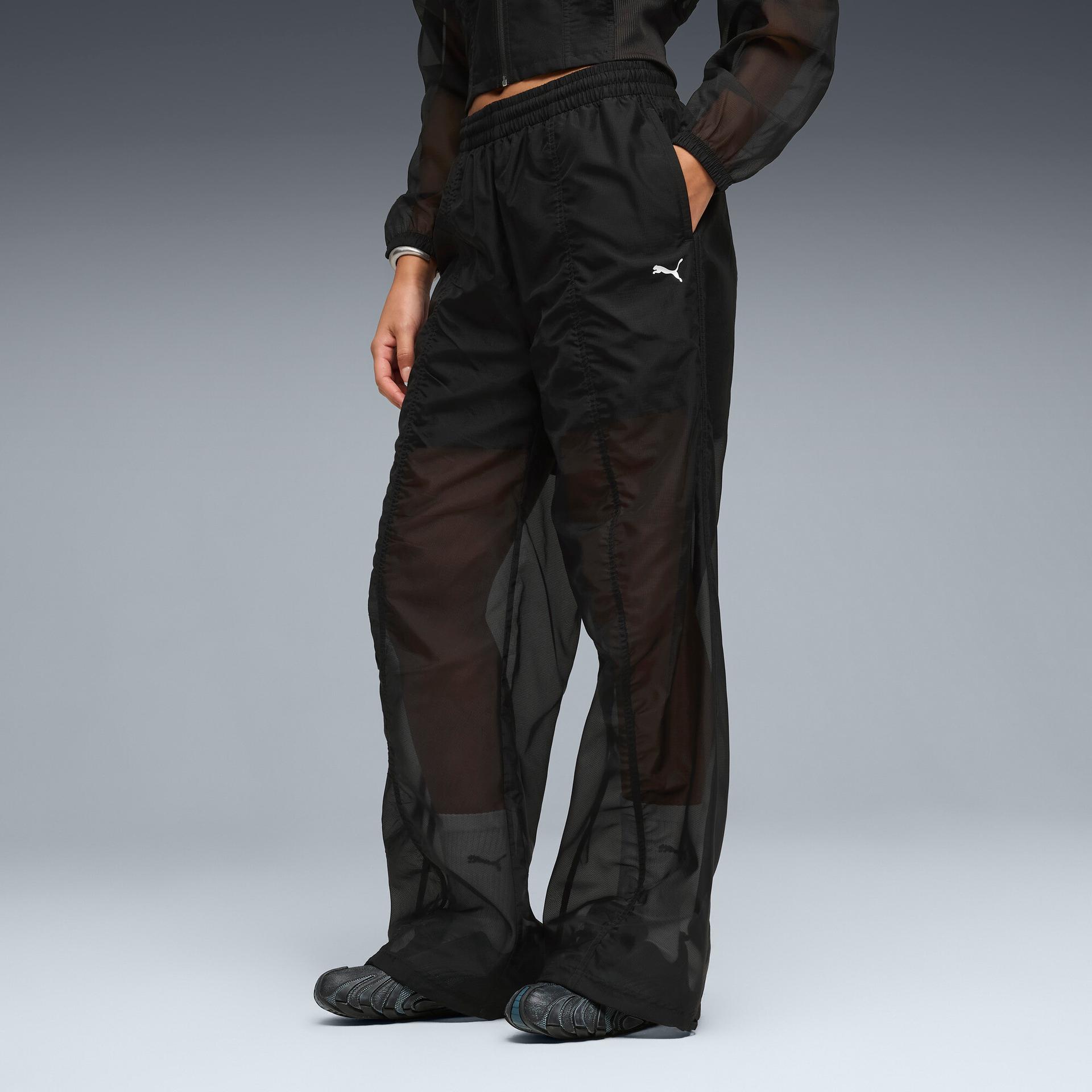 puma dare to women's relaxed woven pants in black, size xl