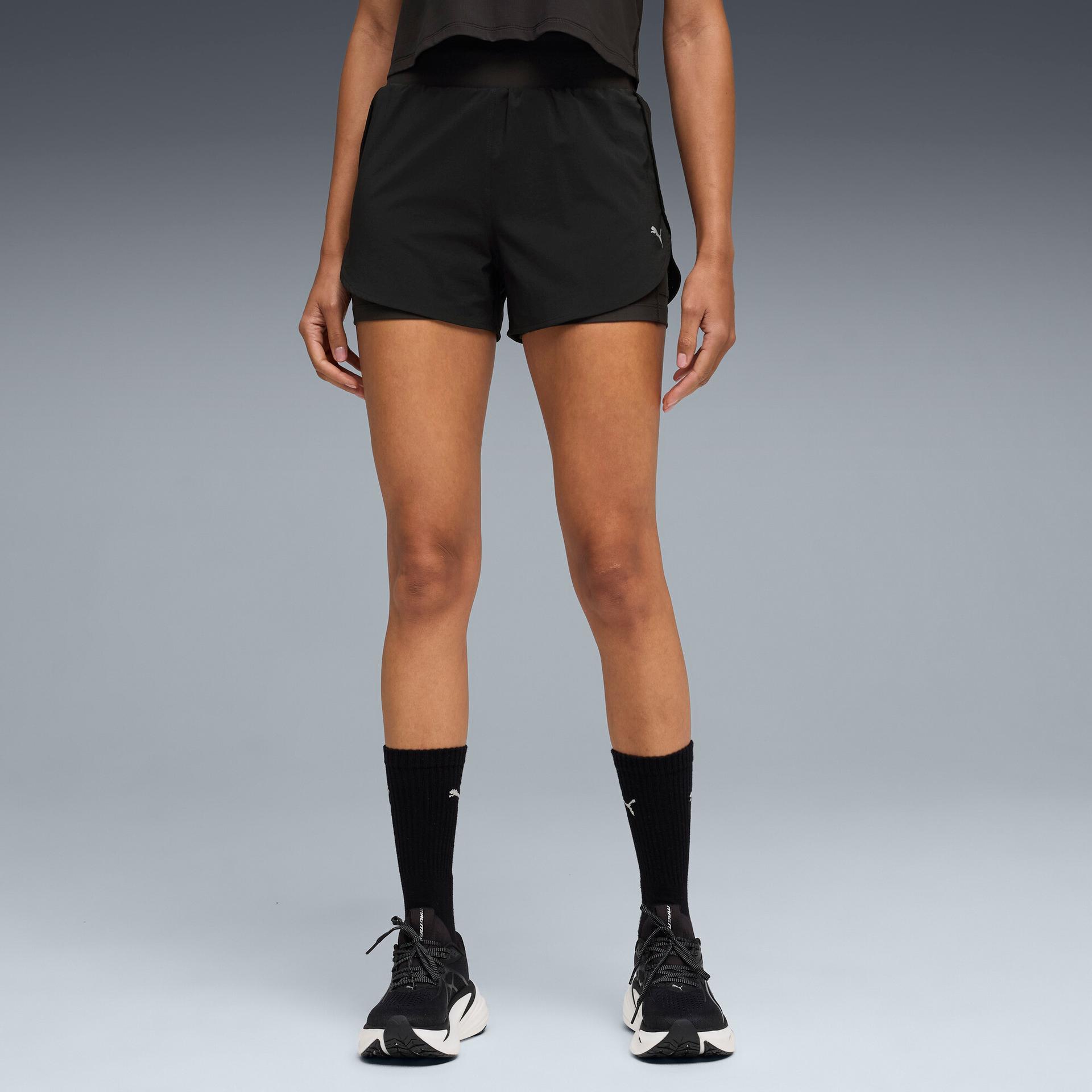 puma dreamrun drycell women's 3" moisture wicking 2-in-1 running shorts in black, size xxs