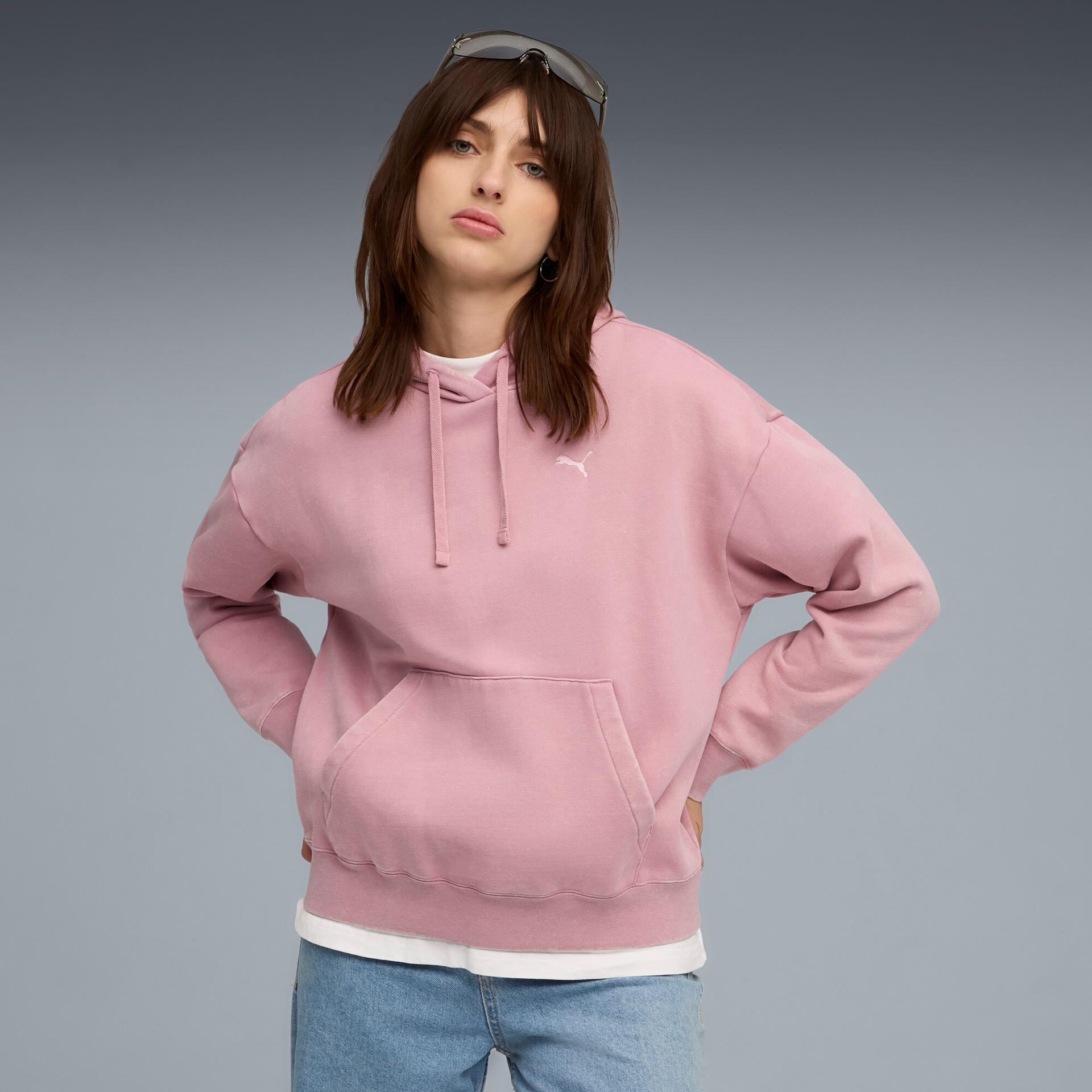 puma elevated essentials acid wash women's fleece hoodie in pink, size xs