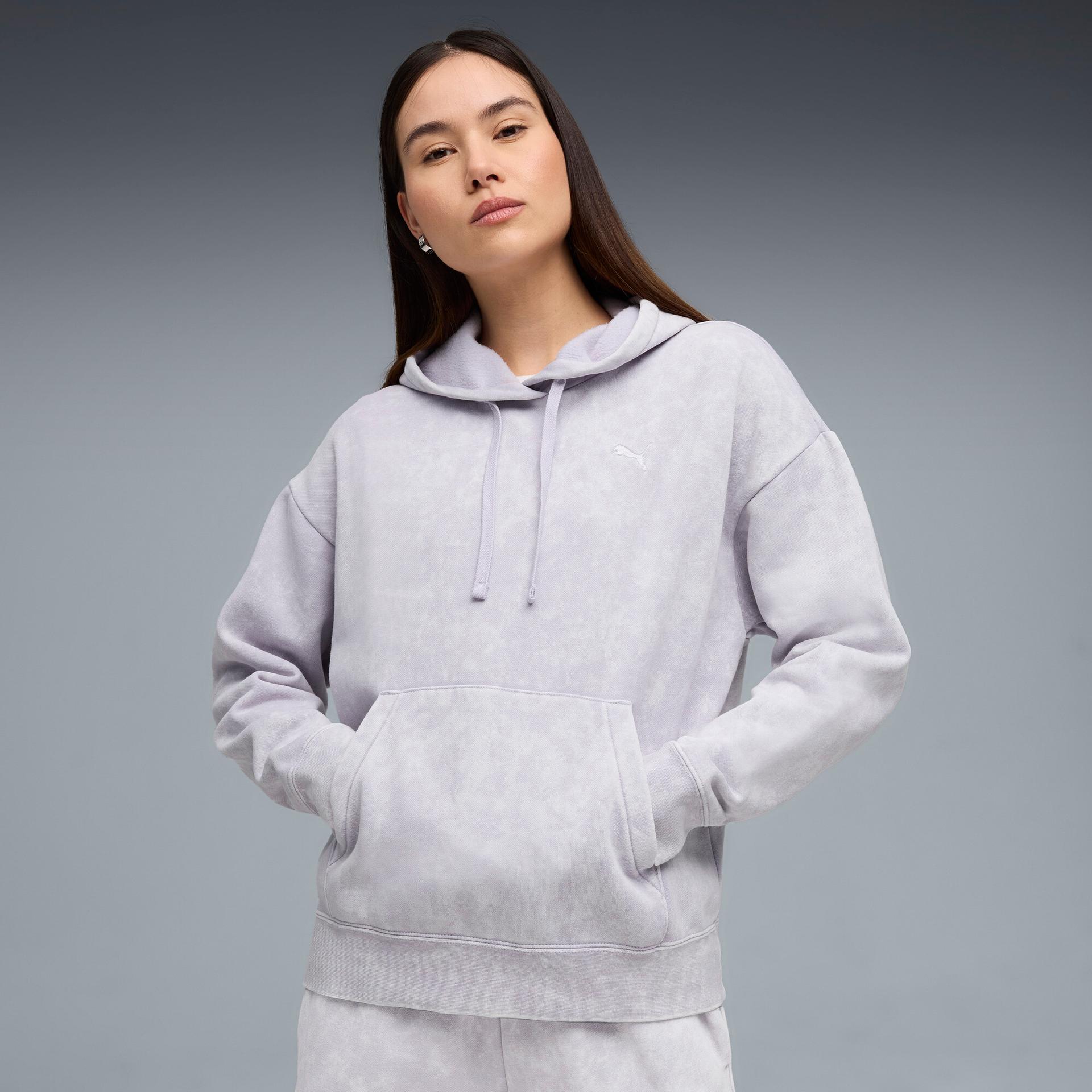 puma elevated essentials acid wash women's fleece hoodie in purple, size m