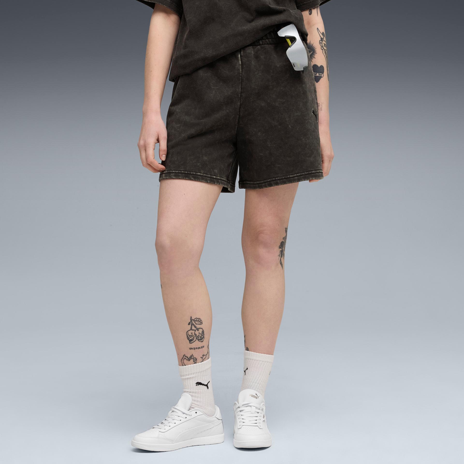puma elevated essentials acid wash women's shorts in black, size m