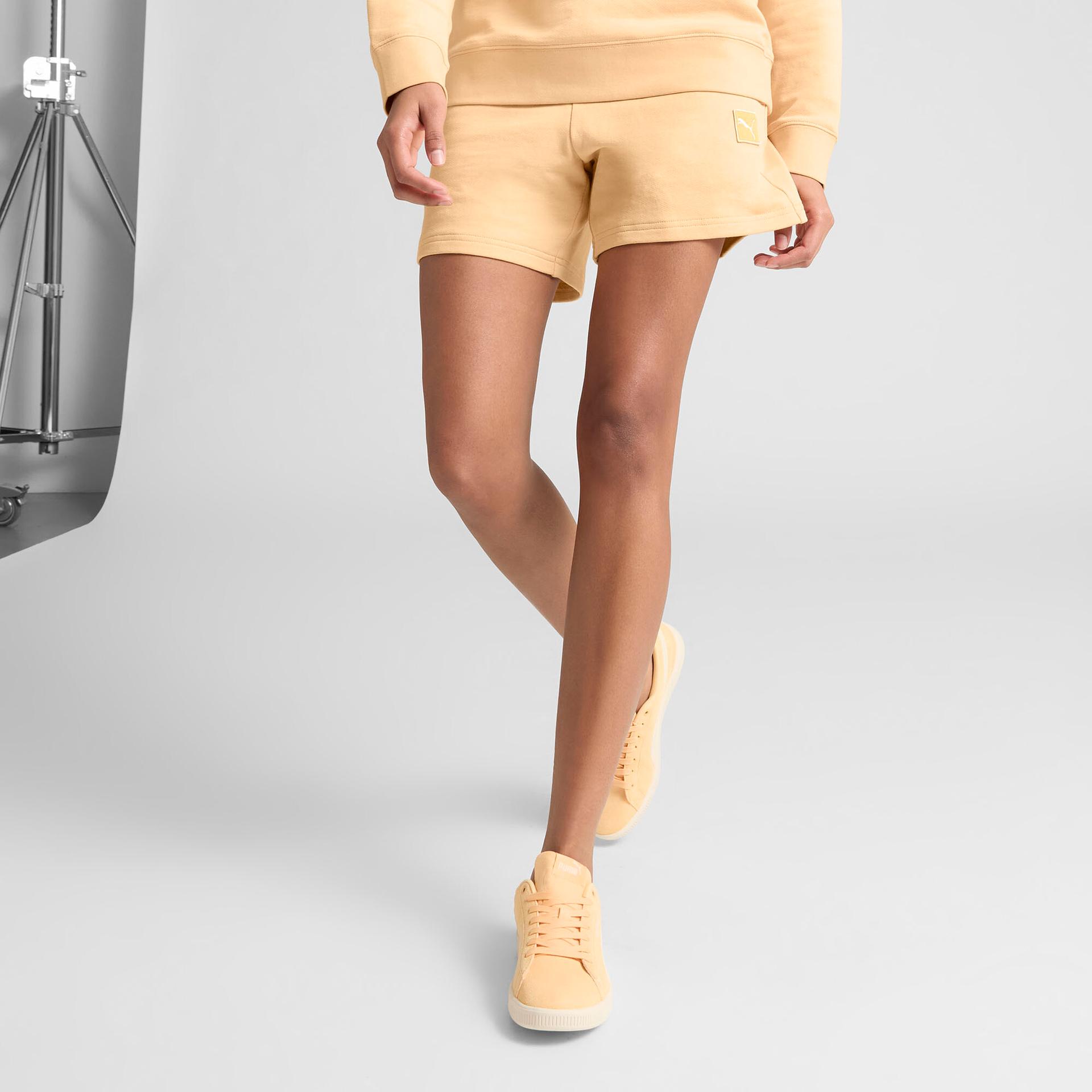 puma elevated essentials women's 5" mid-rise shorts in orange, size xs