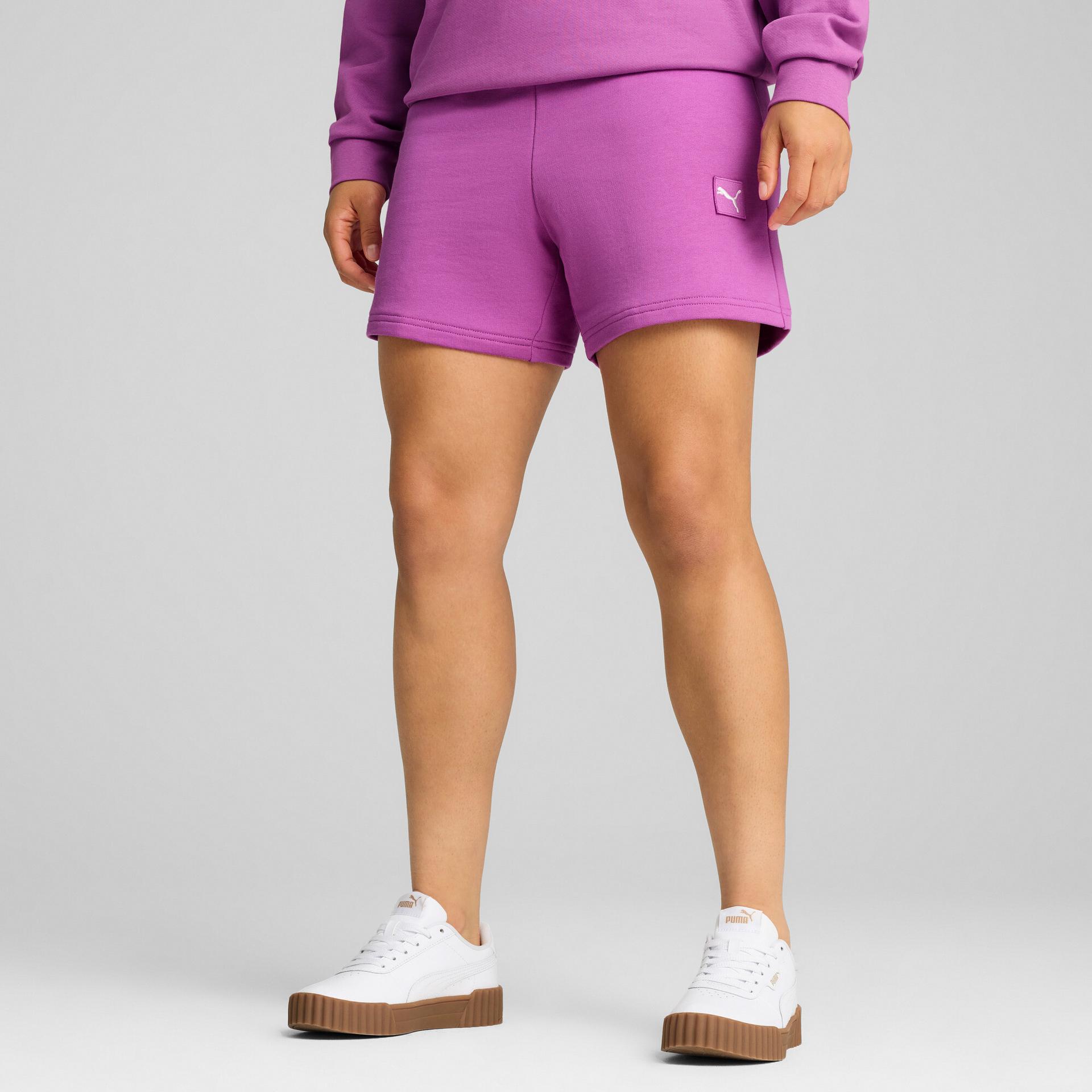 puma elevated essentials women's 5" mid-rise shorts in purple, size xs