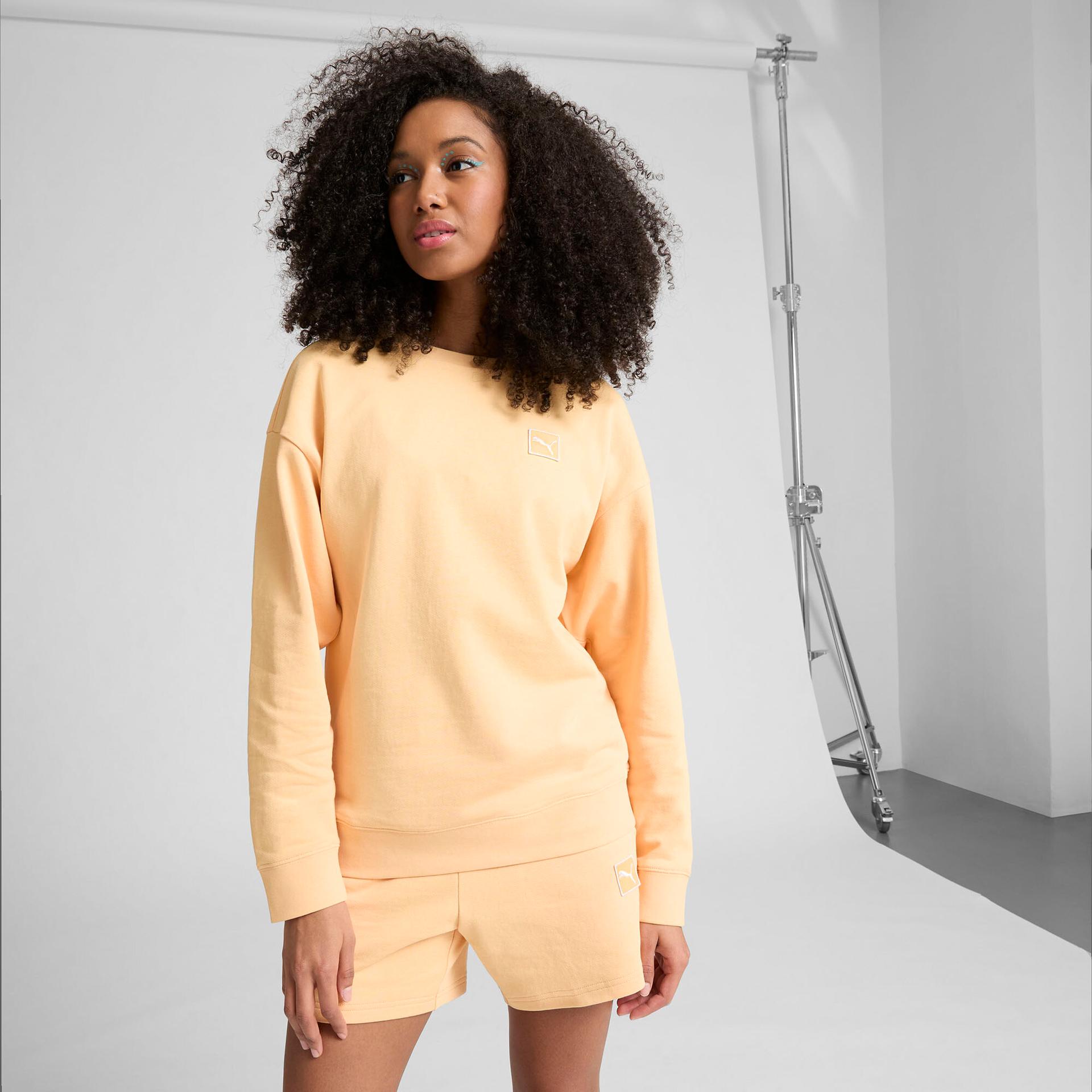 puma elevated essentials women's comfort crew sweatshirt in orange, size xs
