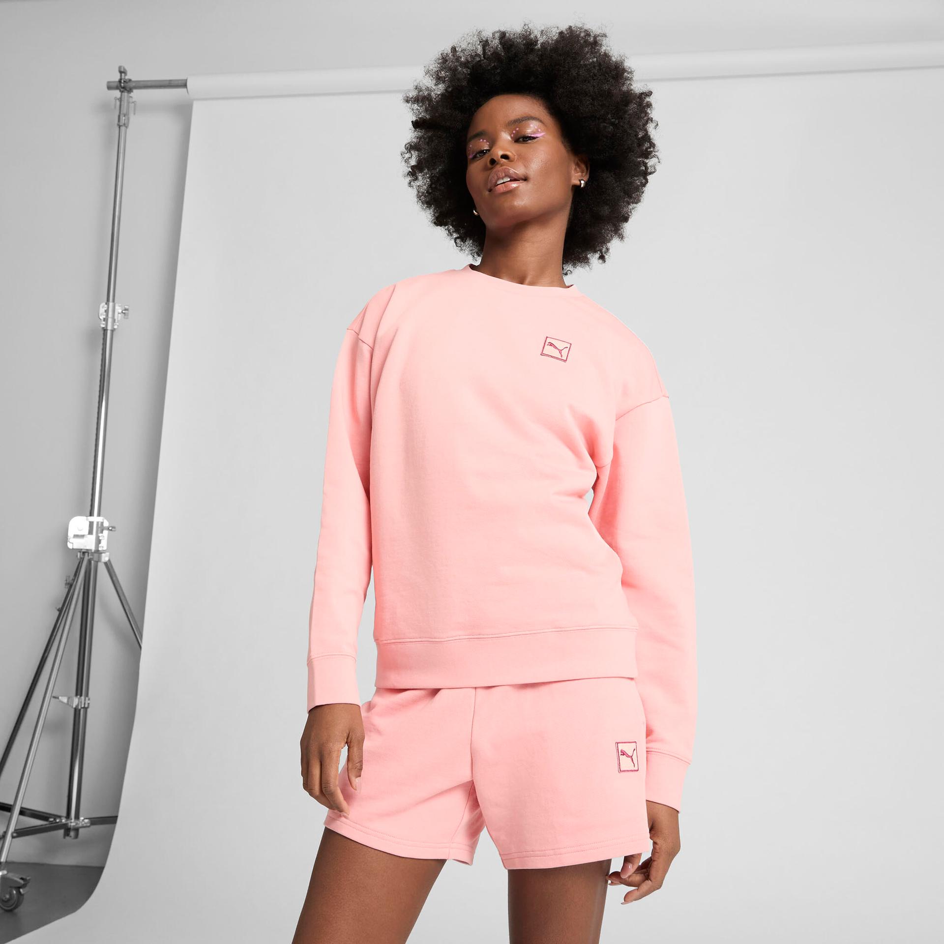puma elevated essentials women's comfort crew sweatshirt in pink, size xs