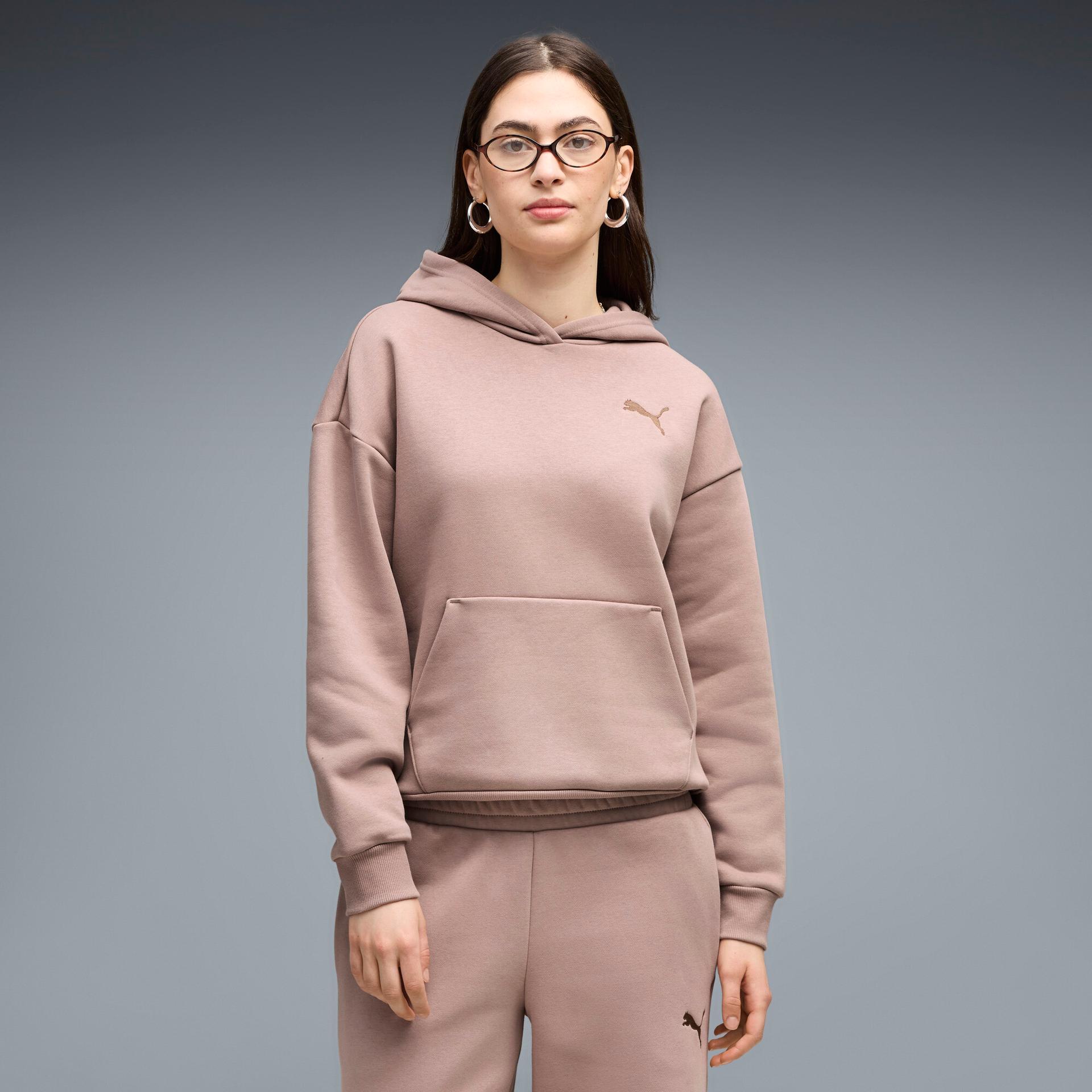 puma elevated essentials women's fleece hoodie in beige, size s
