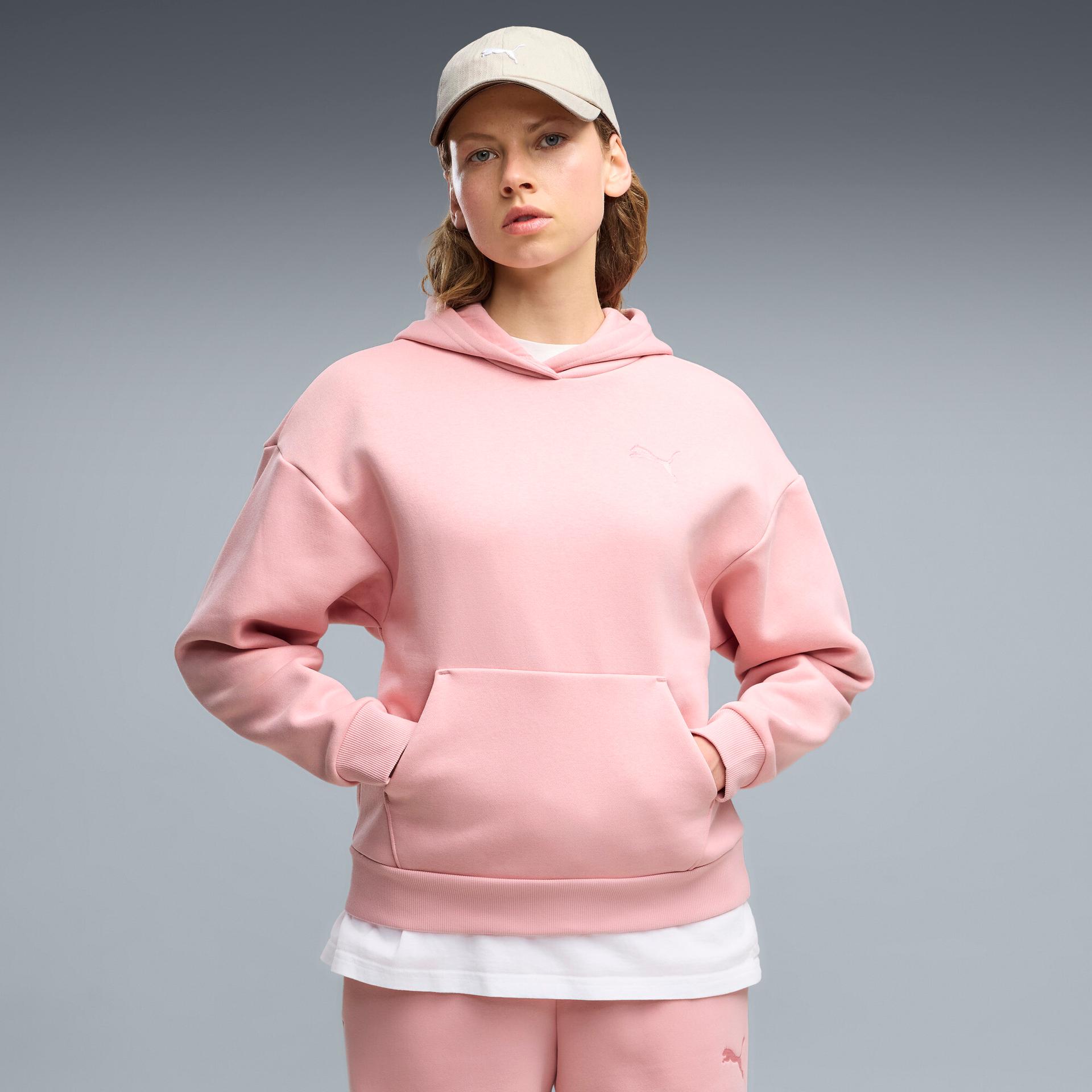 puma elevated essentials women's fleece hoodie in pink, size xs