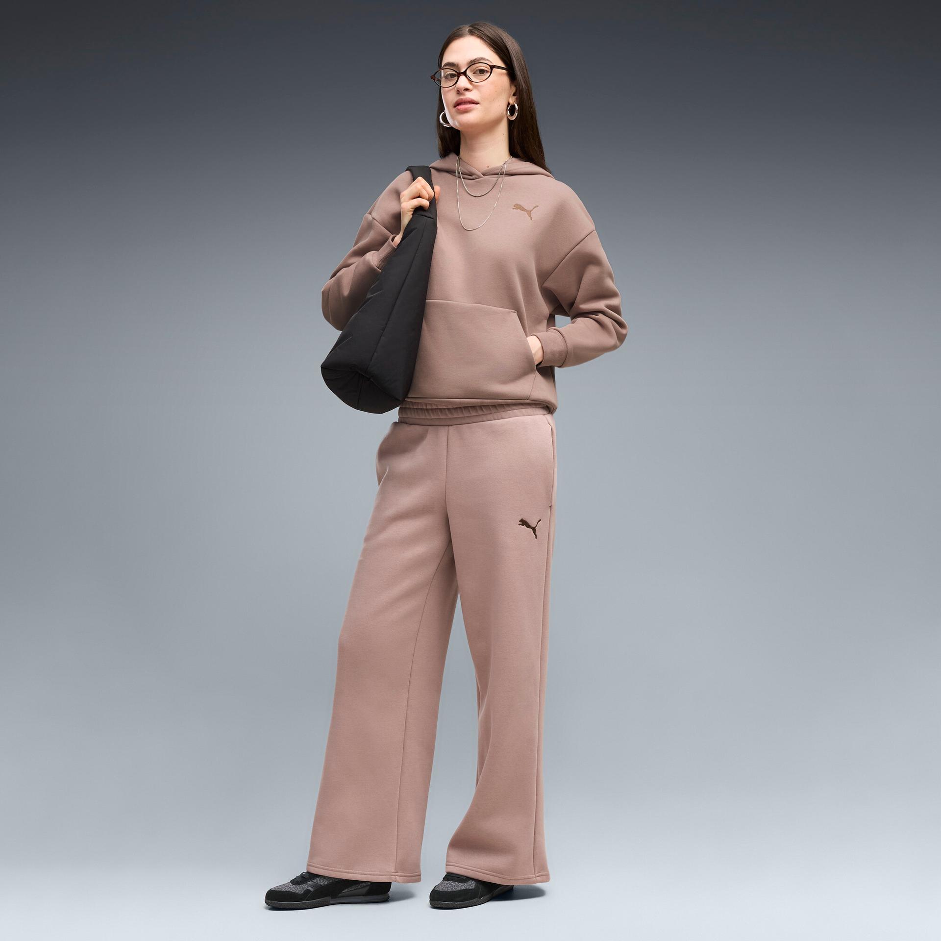 puma elevated essentials women's fleece wide leg sweatpants in beige, size xs