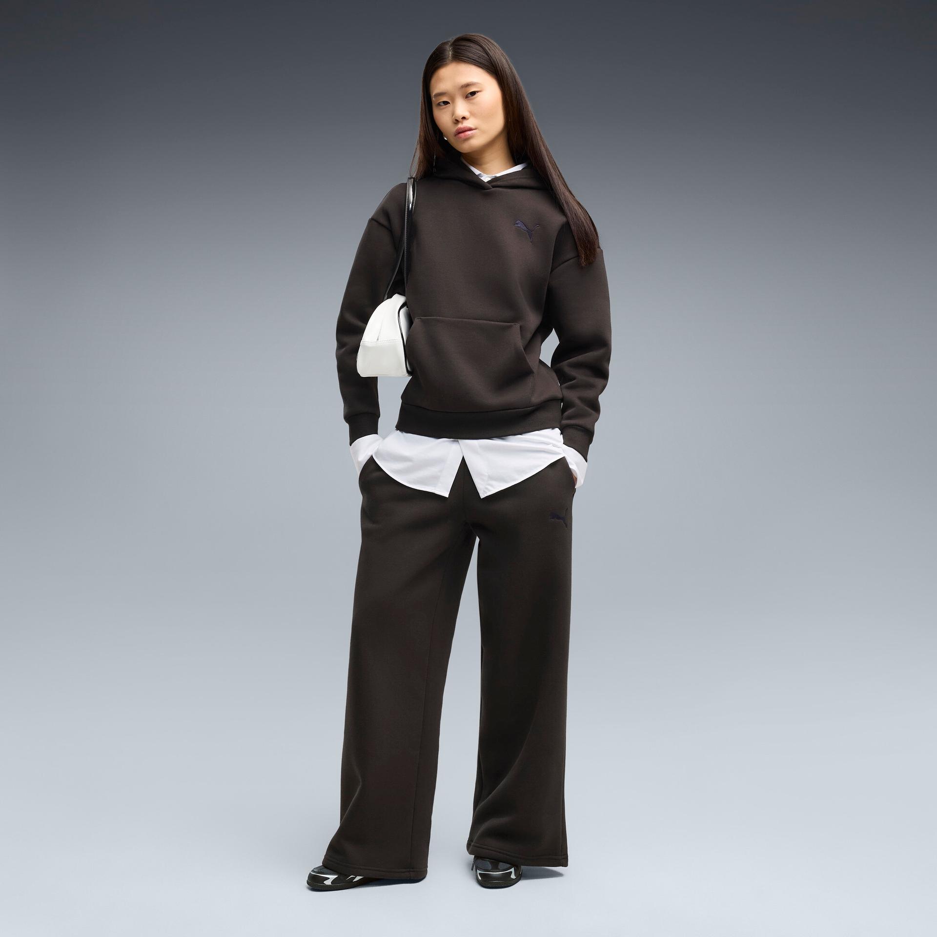 puma elevated essentials women's fleece wide leg sweatpants in black, size l