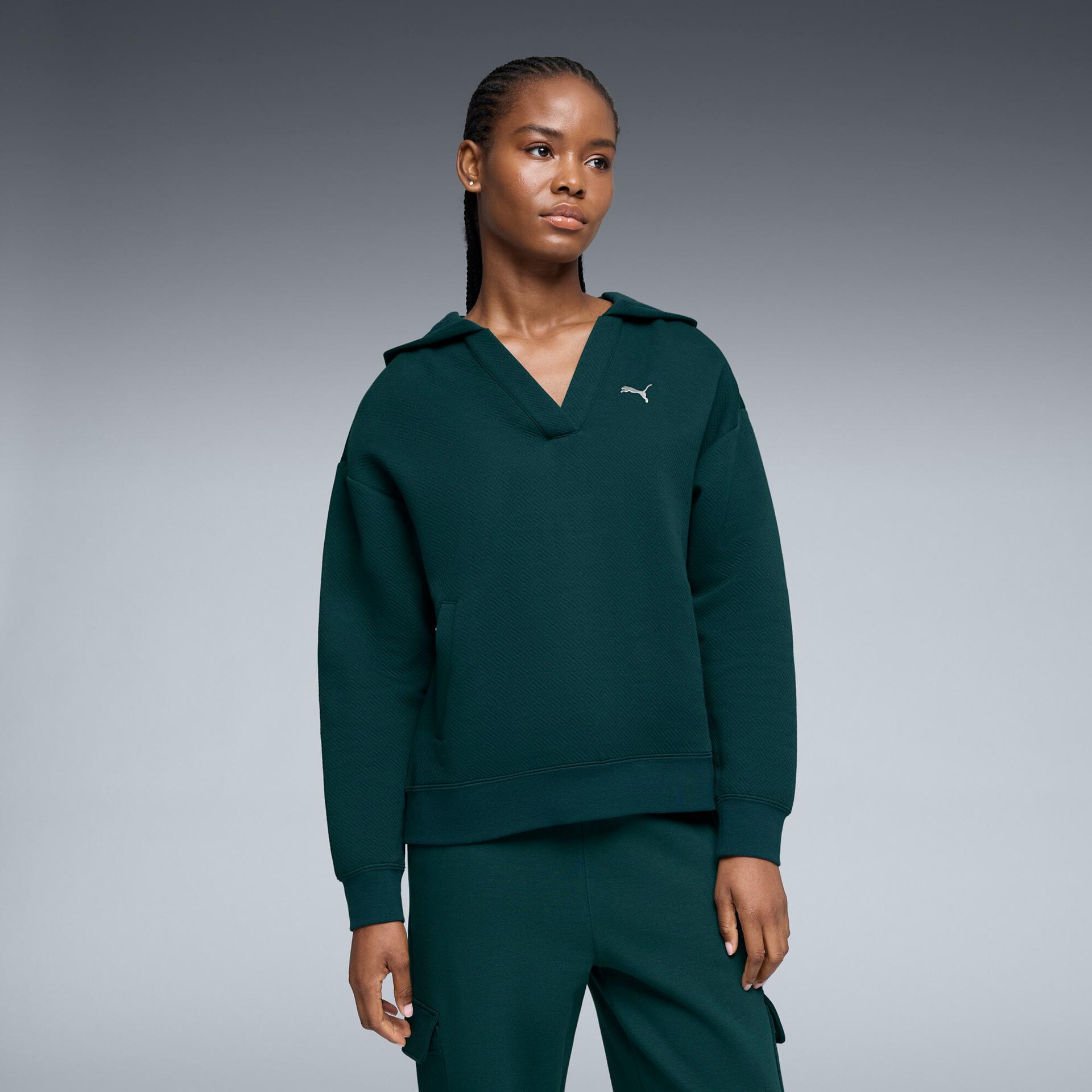 puma elevated essentials women's jacquard hoodie in green, size xs