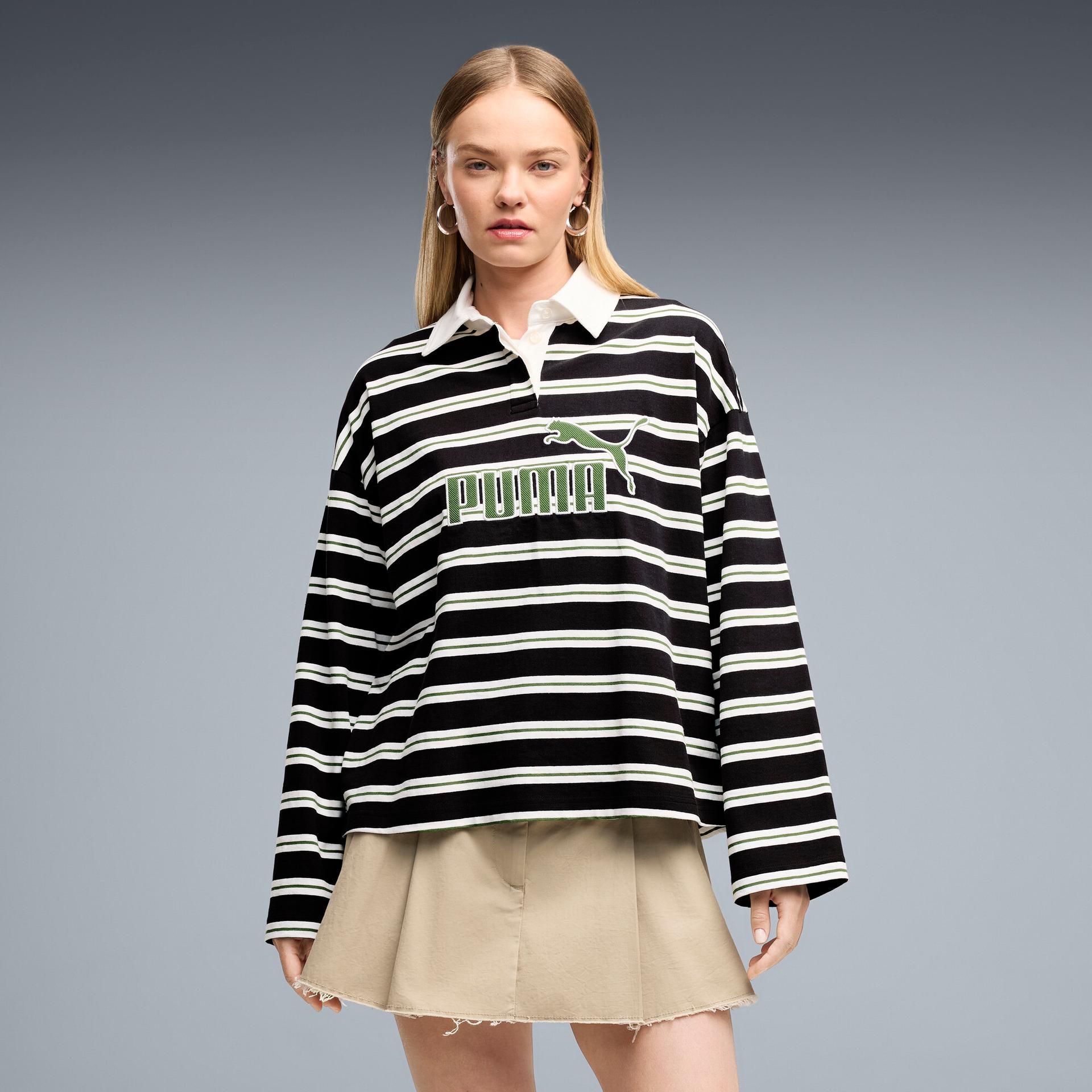 puma elevated essentials women's oversized long sleeve rugby polo shirt in black, size xs
