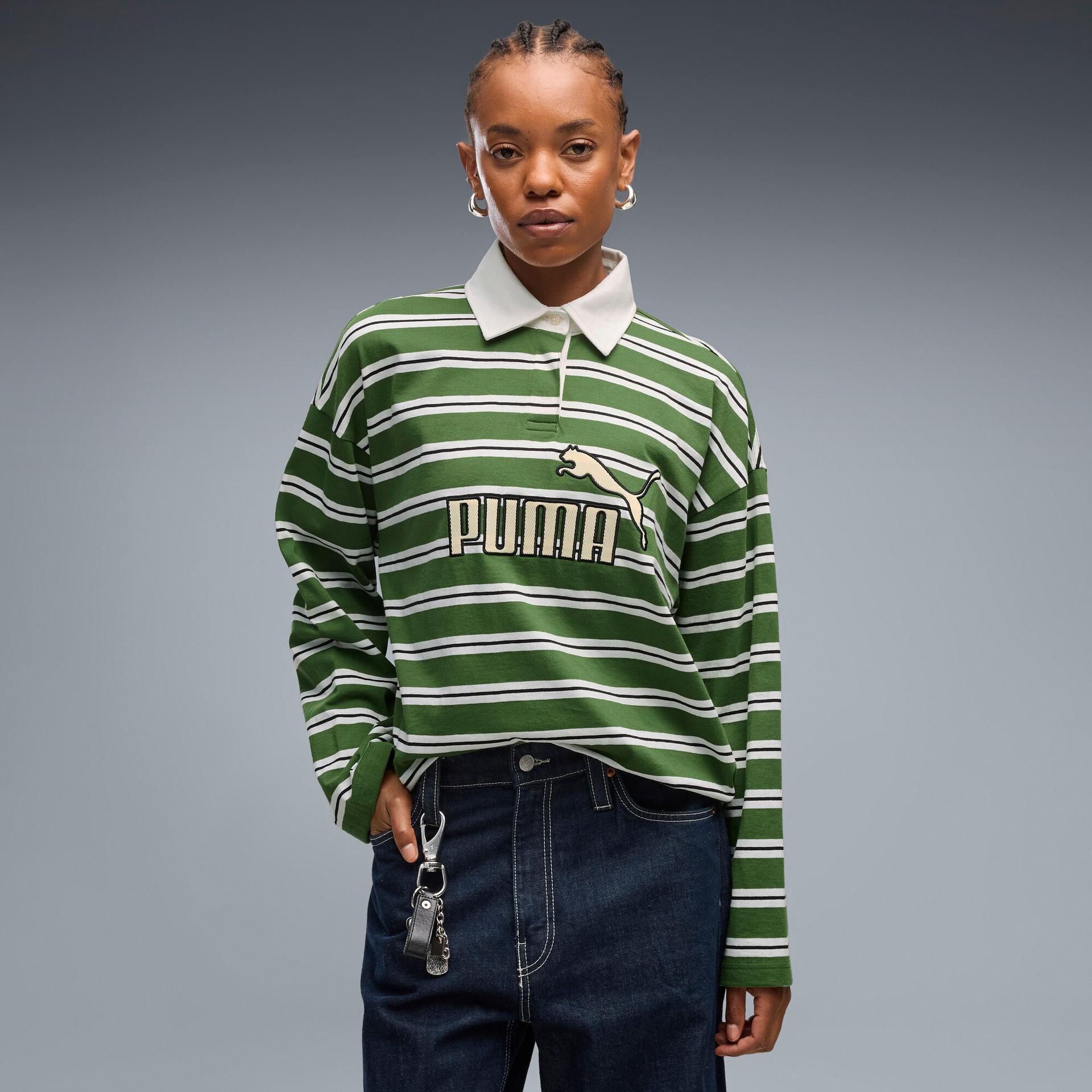 puma elevated essentials women's oversized long sleeve rugby polo shirt in green, size l