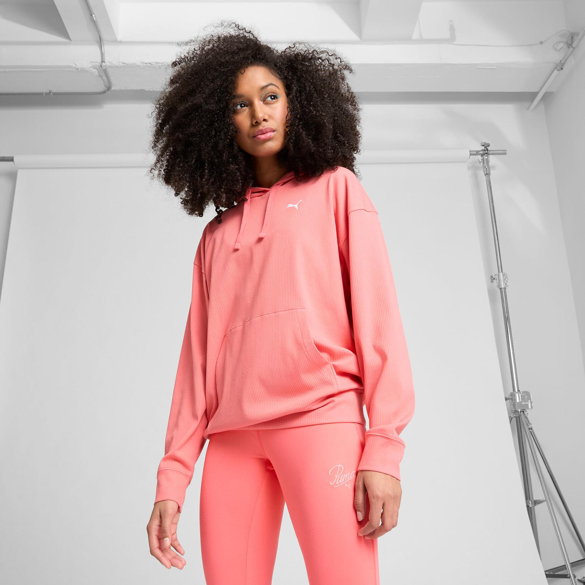 puma elevated essentials women's ribbed hoodie in red, size m