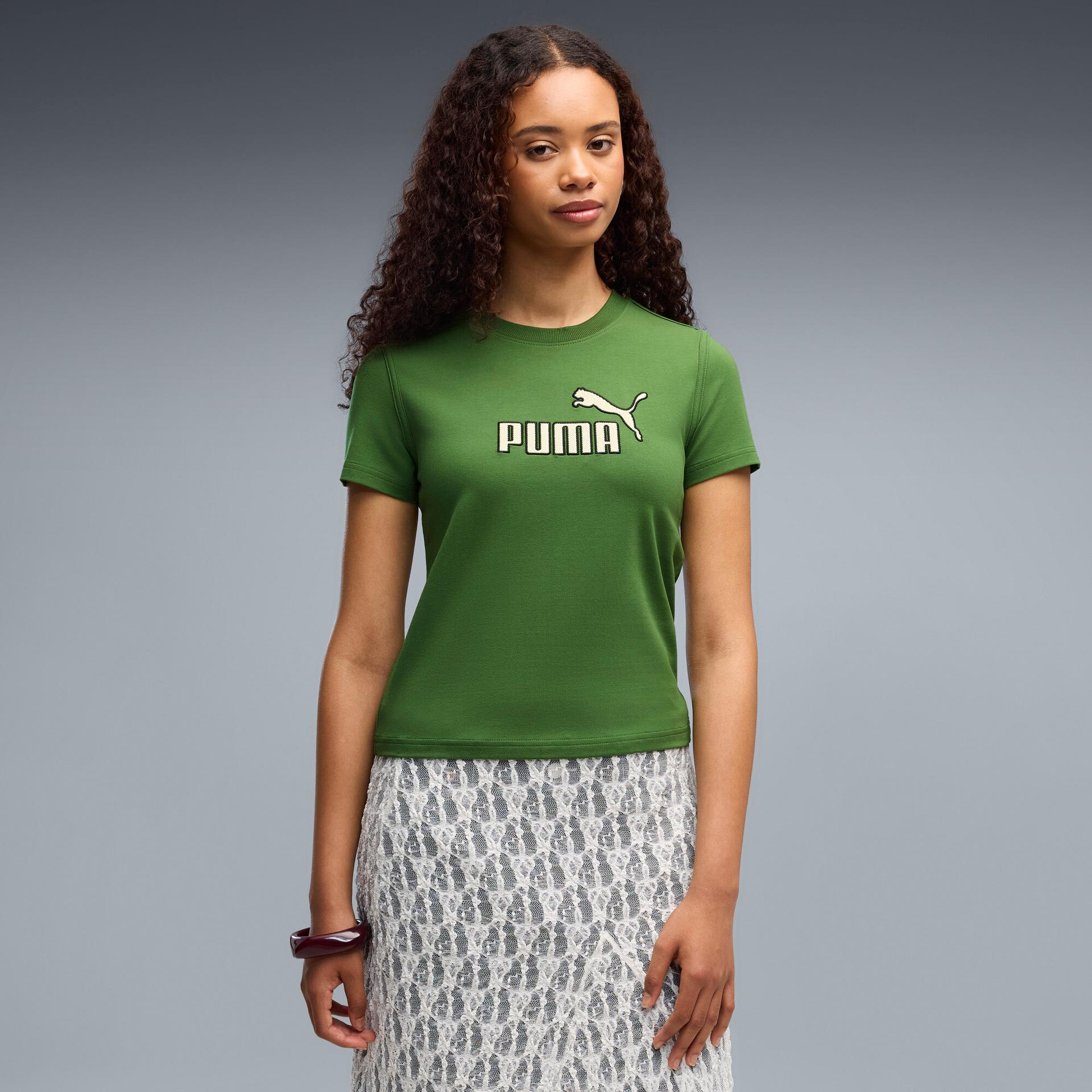 puma elevated essentials women's slim t-shirt in green, size s