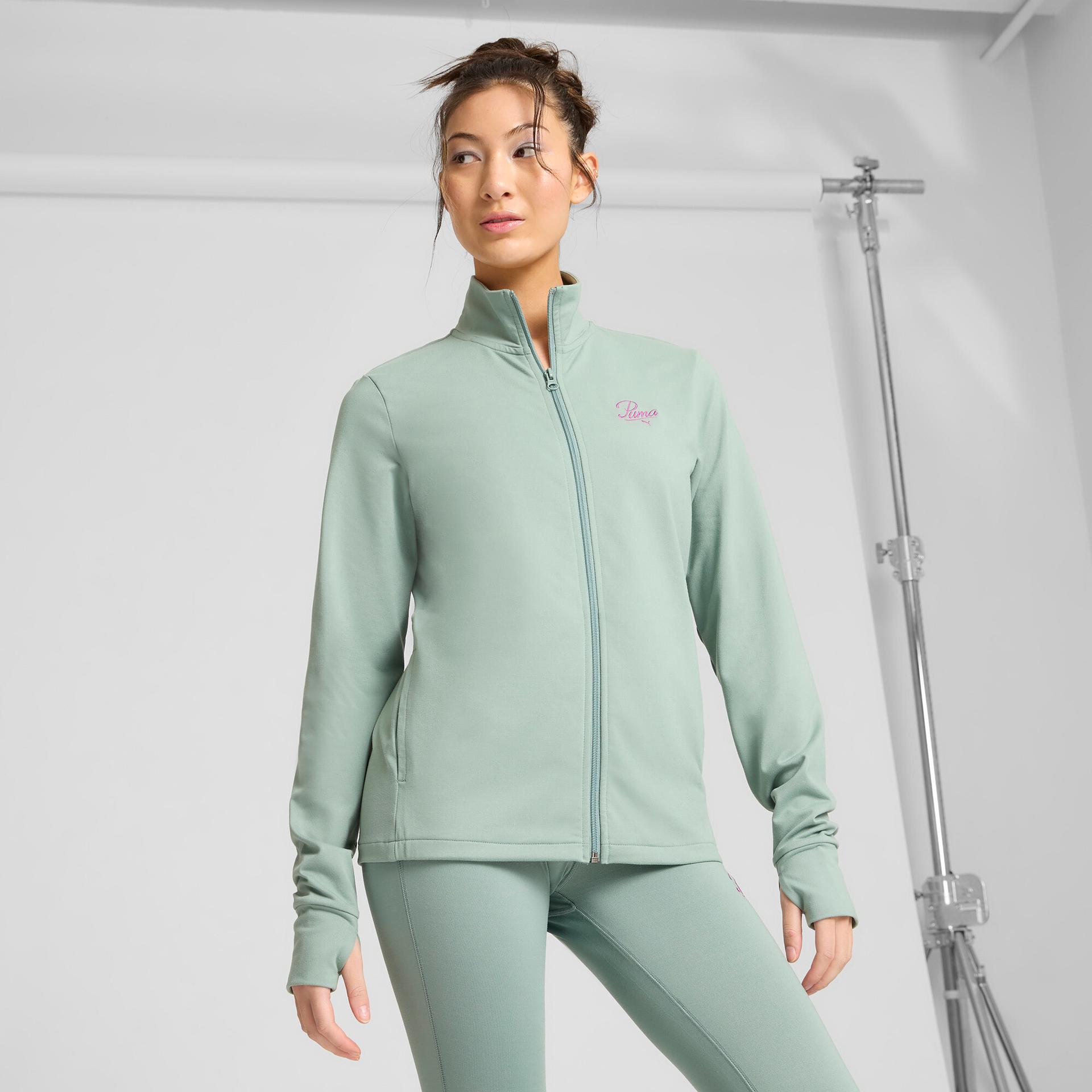 puma ess script women's full-zip jacket in green, size xs