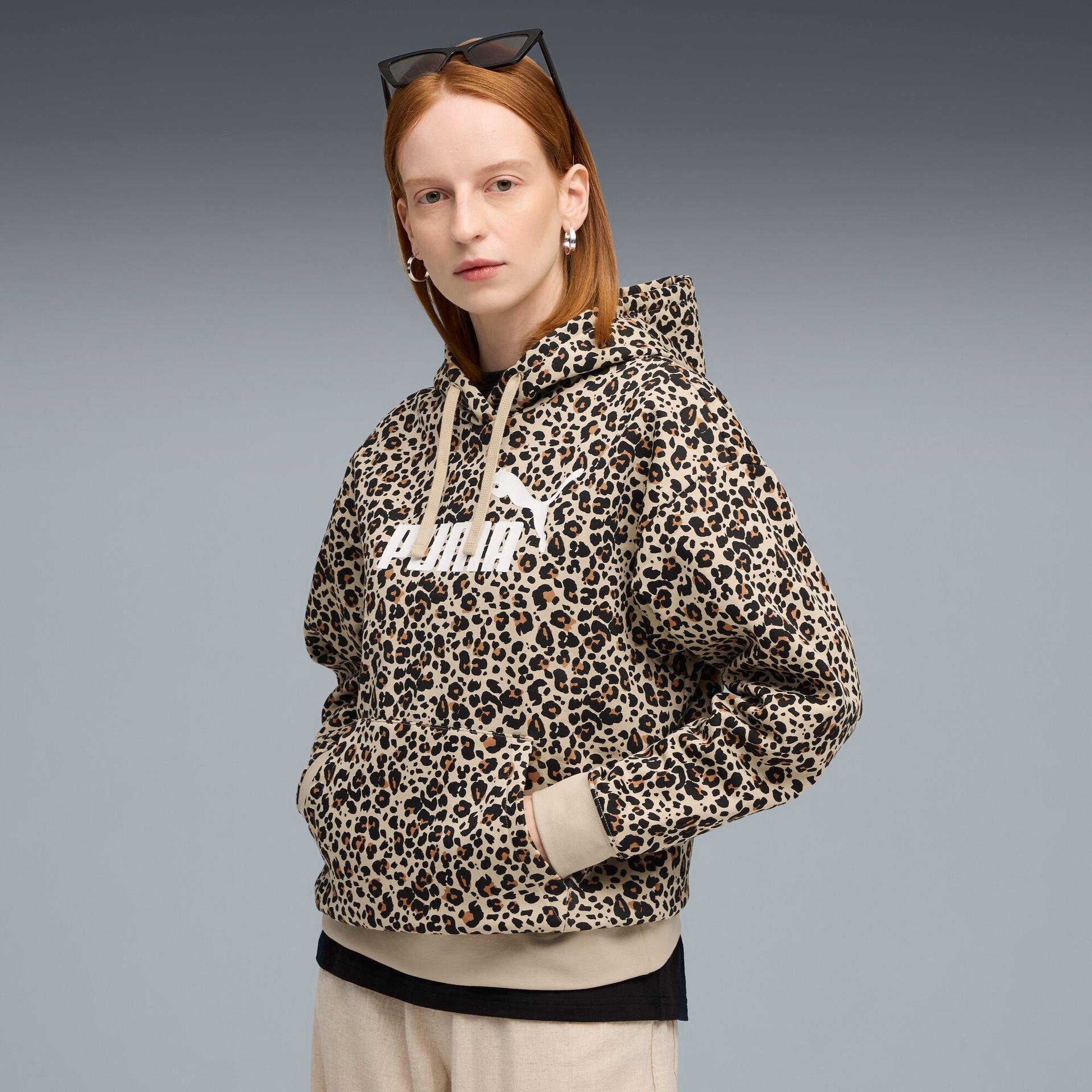 puma essentials animal print women's fleece hoodie in beige, size m