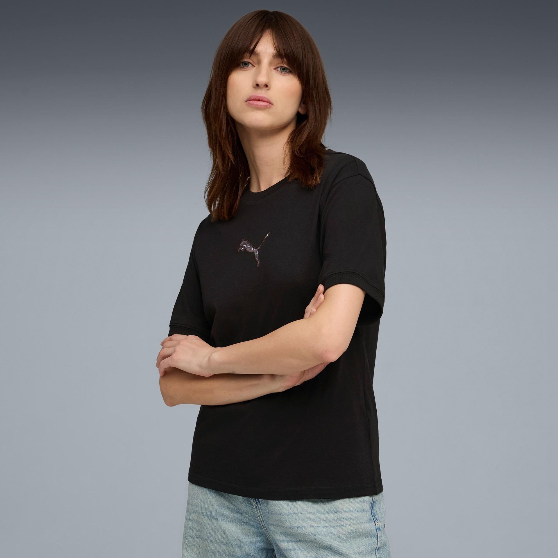 puma essentials animal print women's graphic t-shirt in black, size l