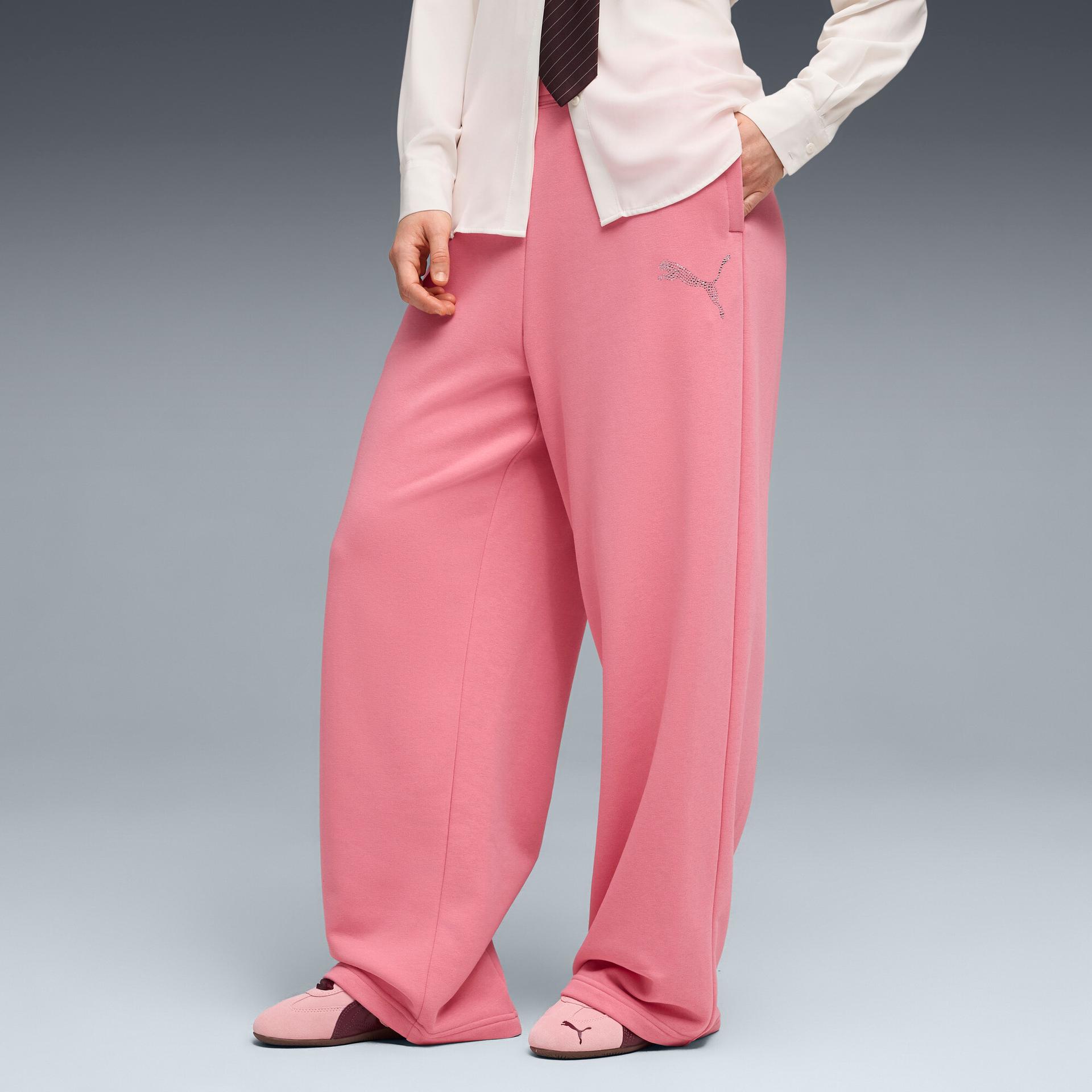 puma essentials graphics bedazzled women's slouchy pants in pink, size l