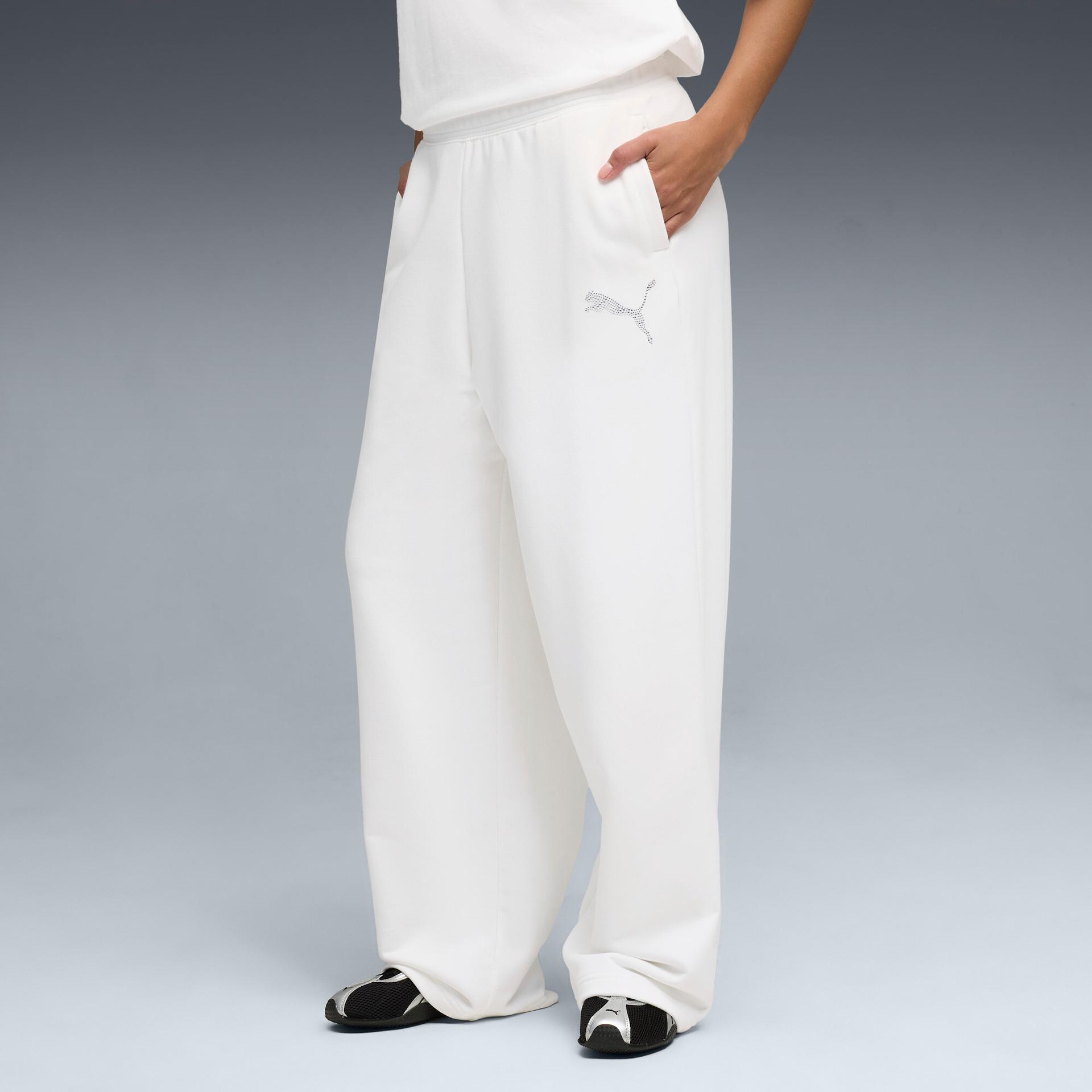 puma essentials graphics bedazzled women's slouchy pants in white, size xl