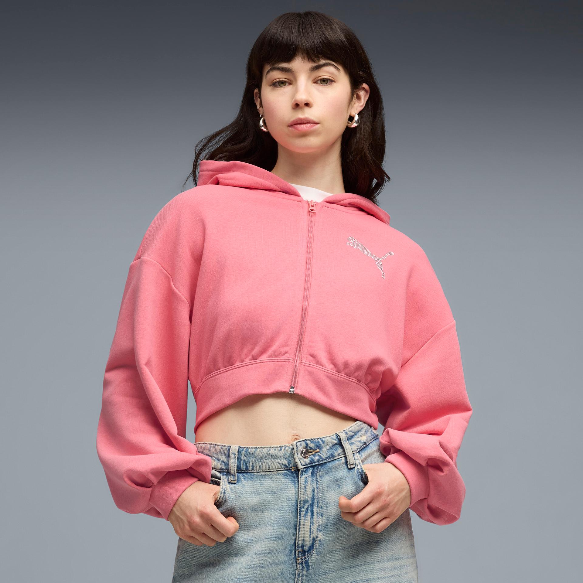 puma essentials graphics bedazzled women's zip-up hoodie in pink, size xl