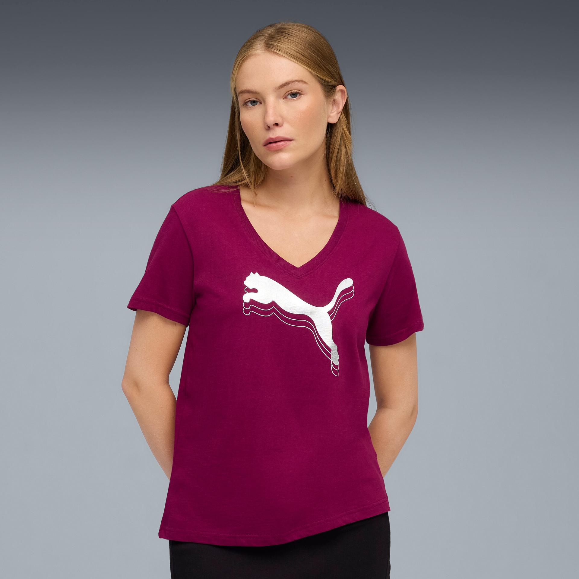 puma essentials metallic women's v-neck t-shirt in pink, size xs