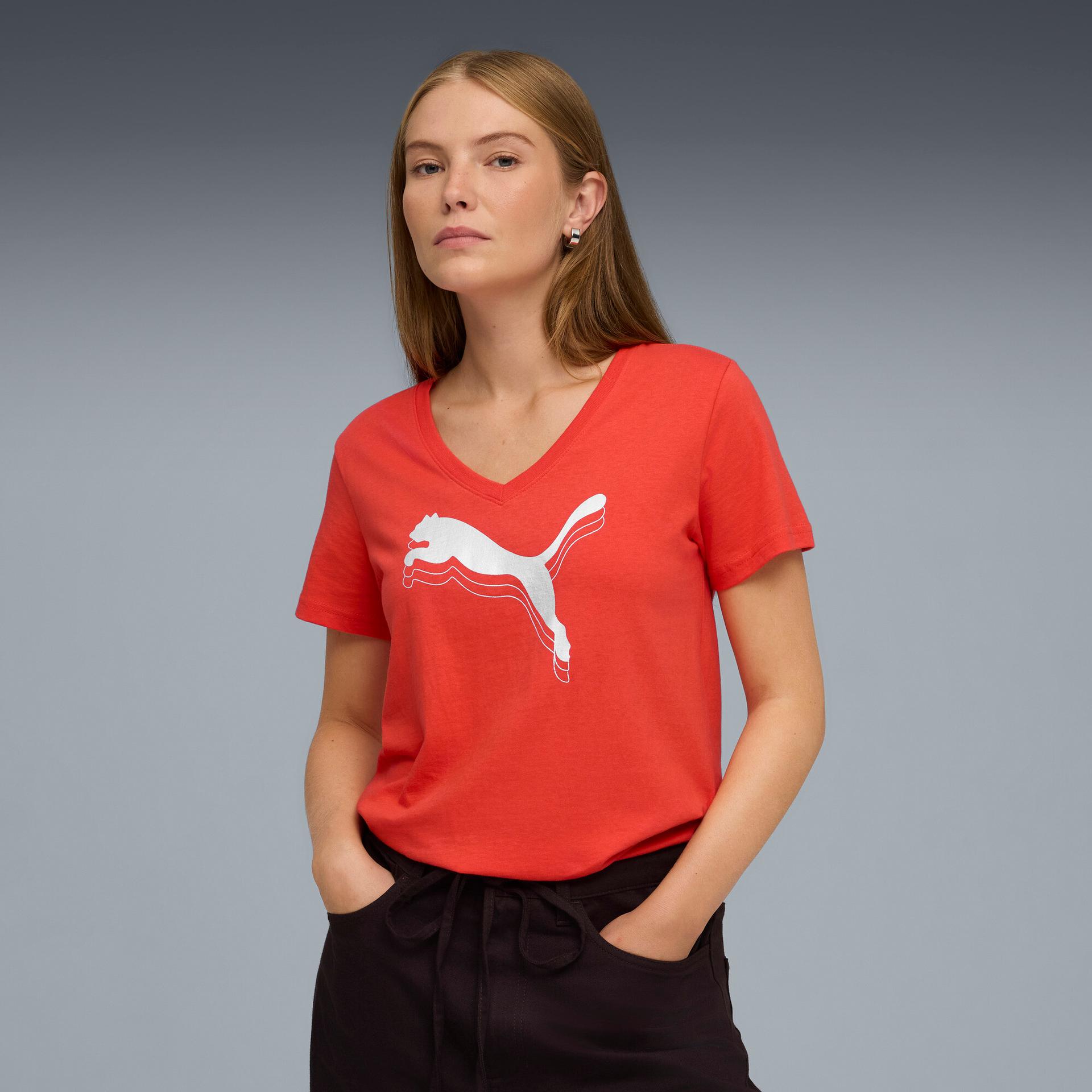 puma essentials metallic women's v-neck t-shirt in red, size m