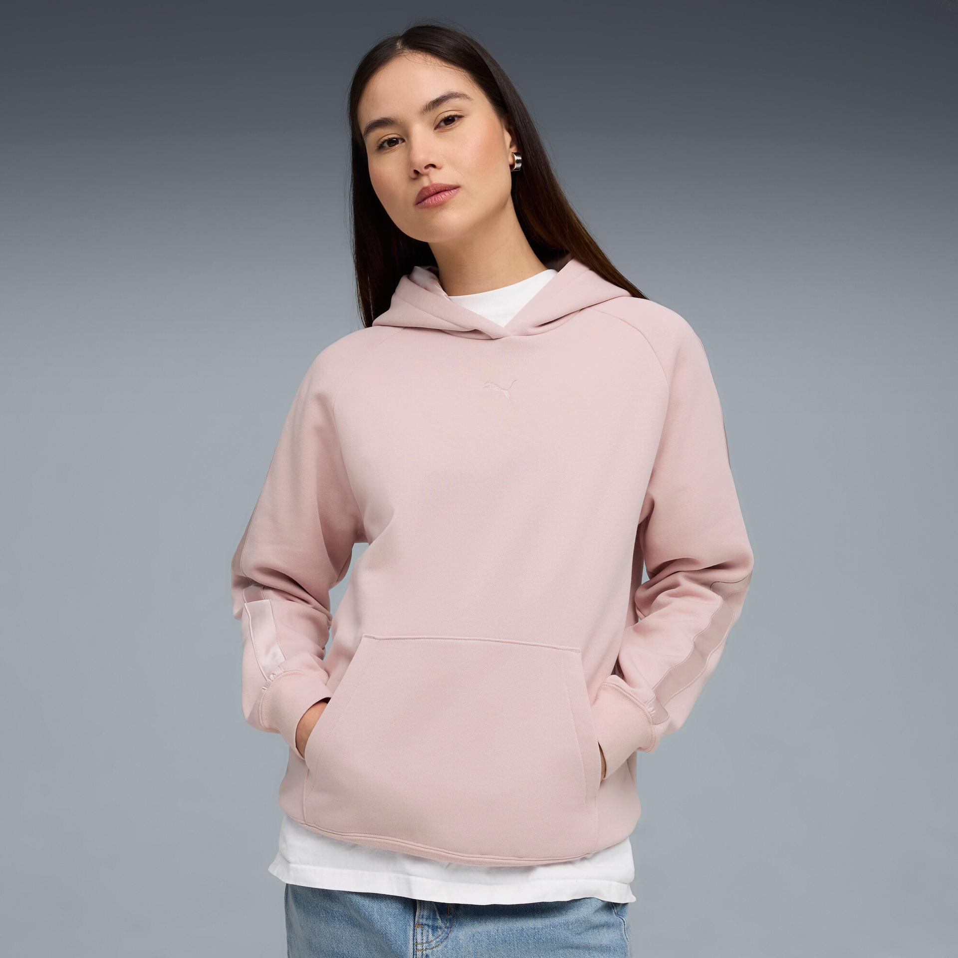 puma essentials satin women's hoodie in pink, size l