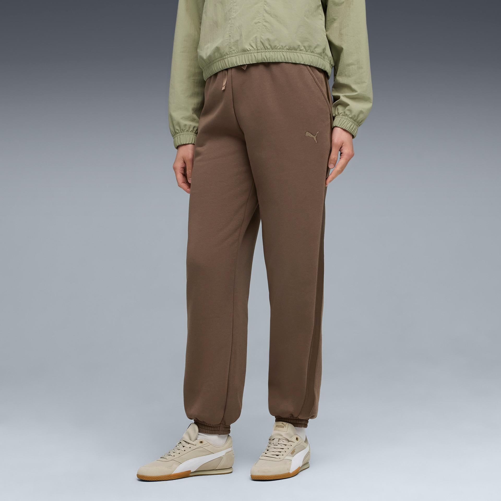puma essentials satin women's joggers pant in brown, size xl