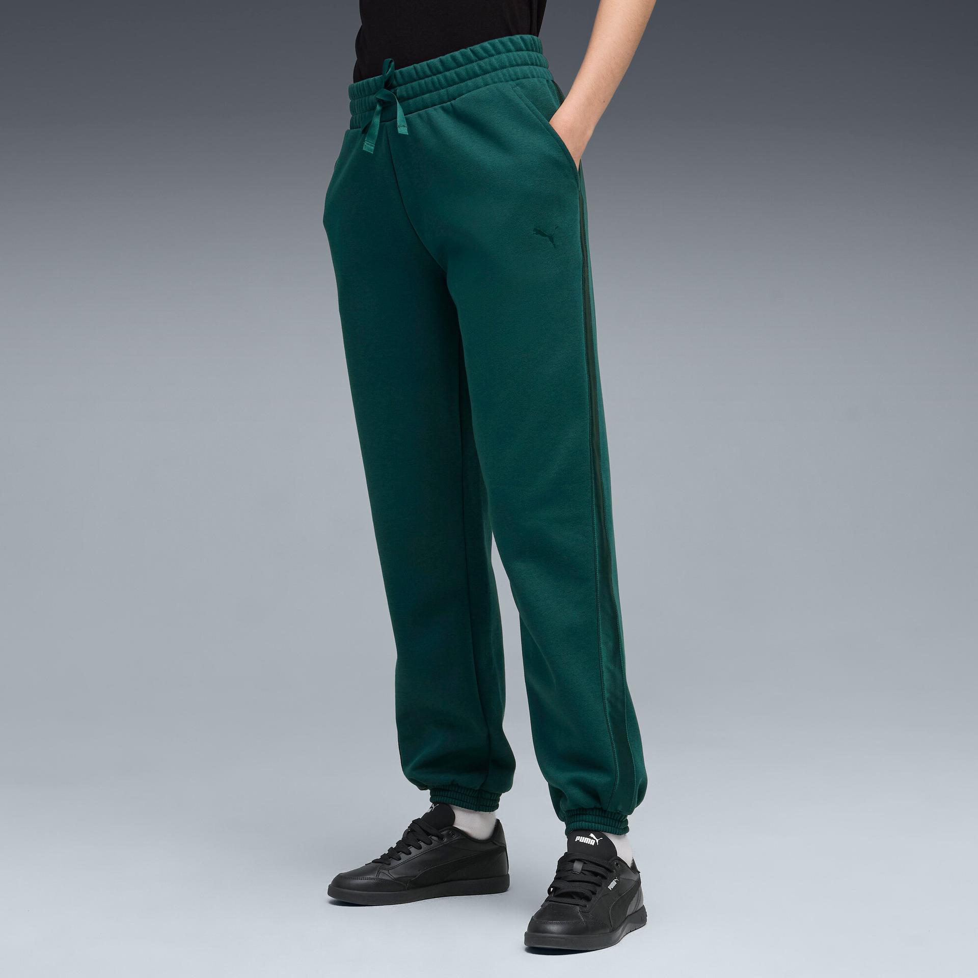 puma essentials satin women's joggers pant in green, size l
