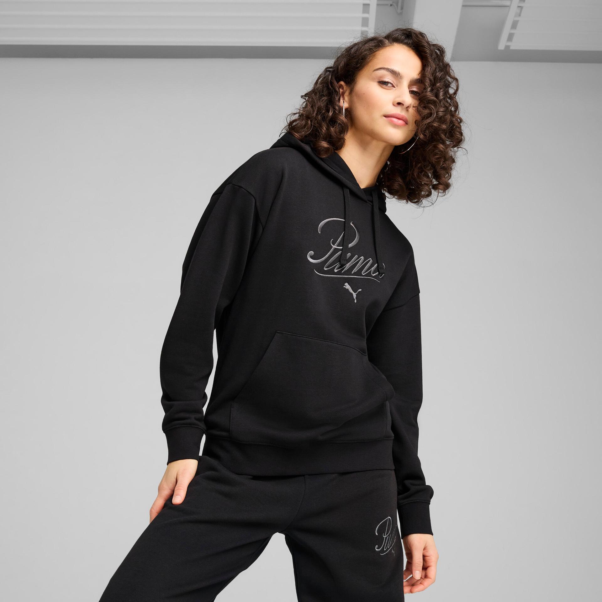 puma essentials script women's comfort hoodie in black, size xs
