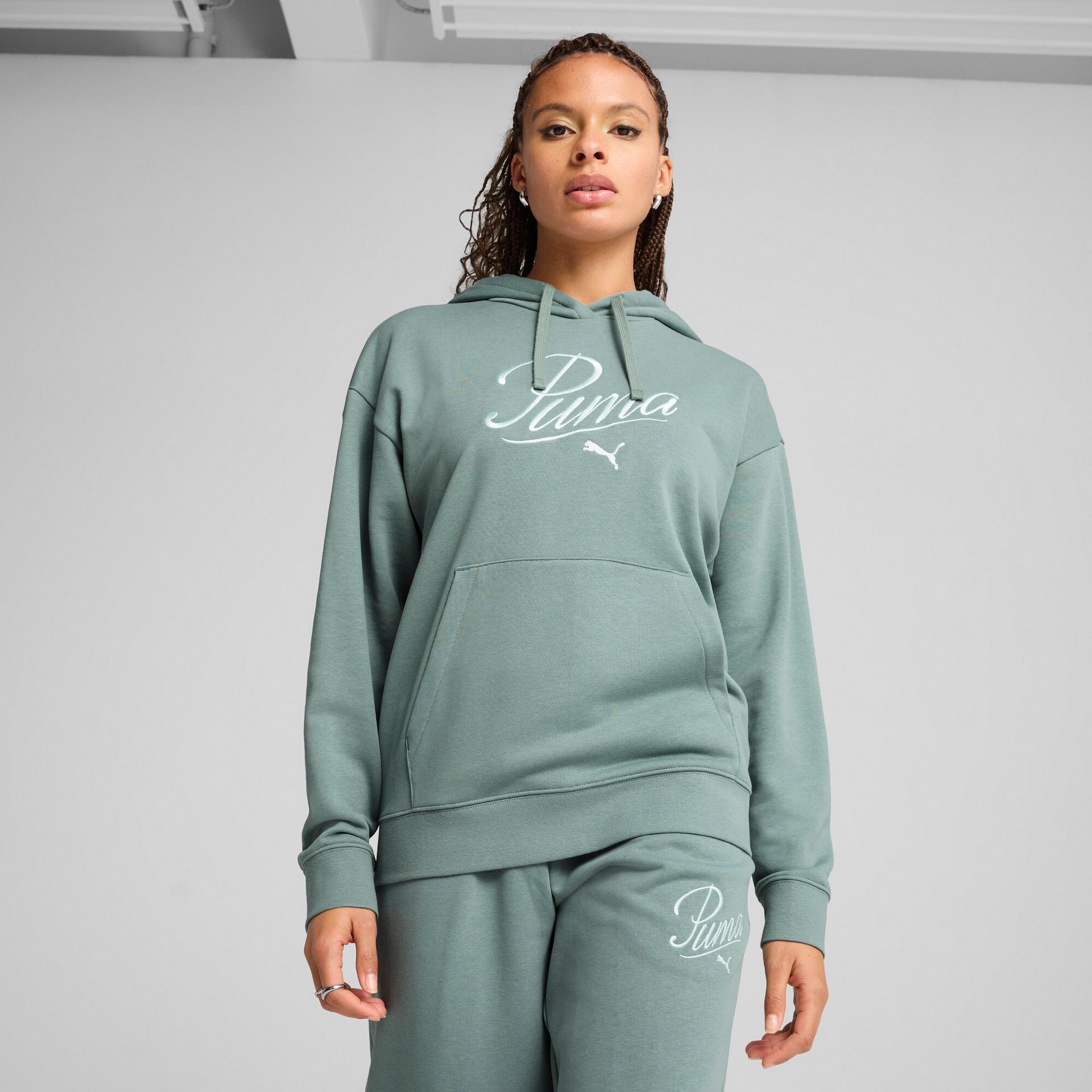 puma essentials script women's comfort hoodie in green, size xs