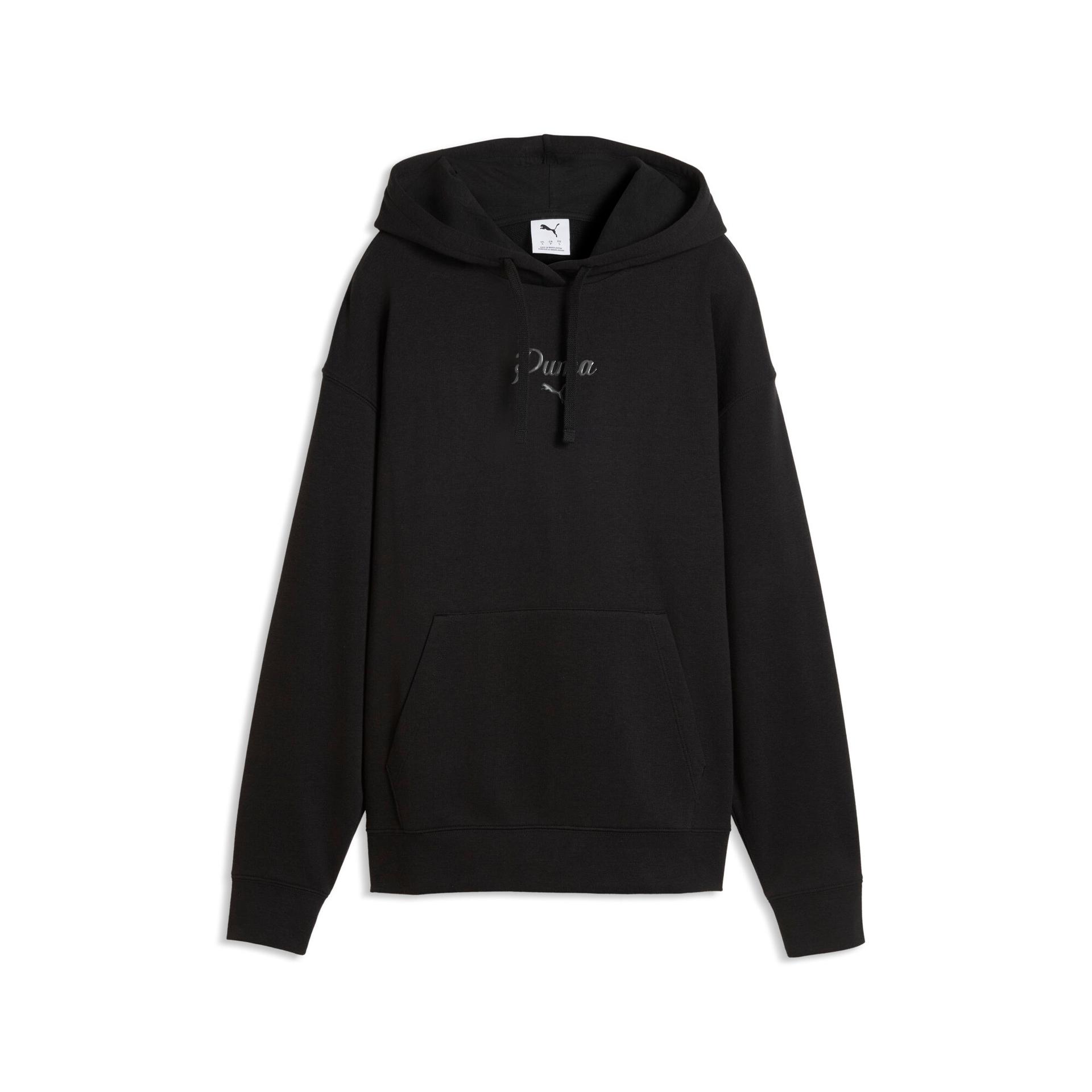 puma essentials script women's hoodie in black, size s